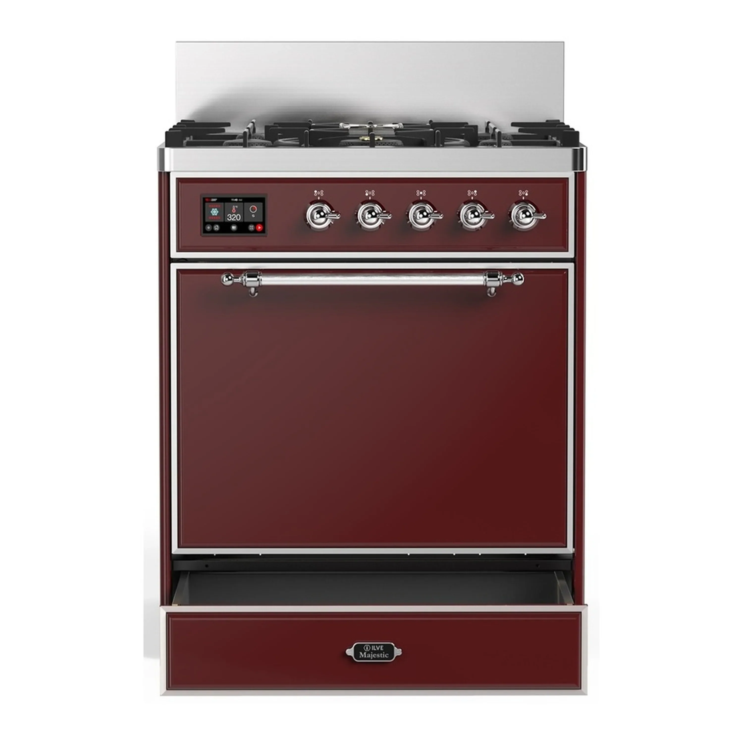 ILVE Majestic III 30-inch Dual Fuel Range with 5 Liquid Propane Burner and Solid Door Electric Oven in Burgundy with Chrome Trim (UM30QNR3BUCLP) - Image 3