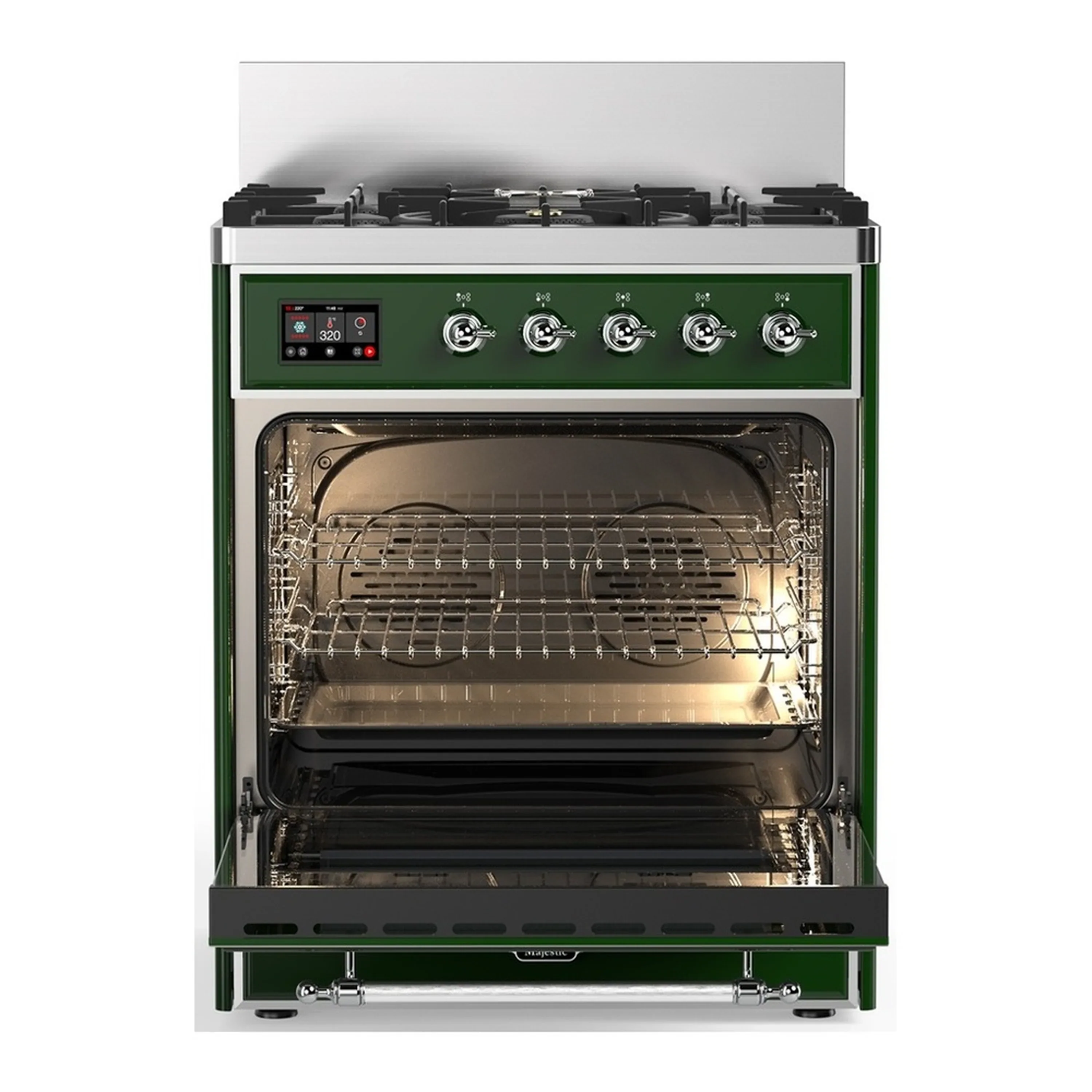 ILVE Majestic III 30-inch Dual Fuel Range with 5 Natural Gas Burner and Triple Glass Door Electric Oven in Emerald Green with Chrome Trim (UM30NR3EGC) - Image 4