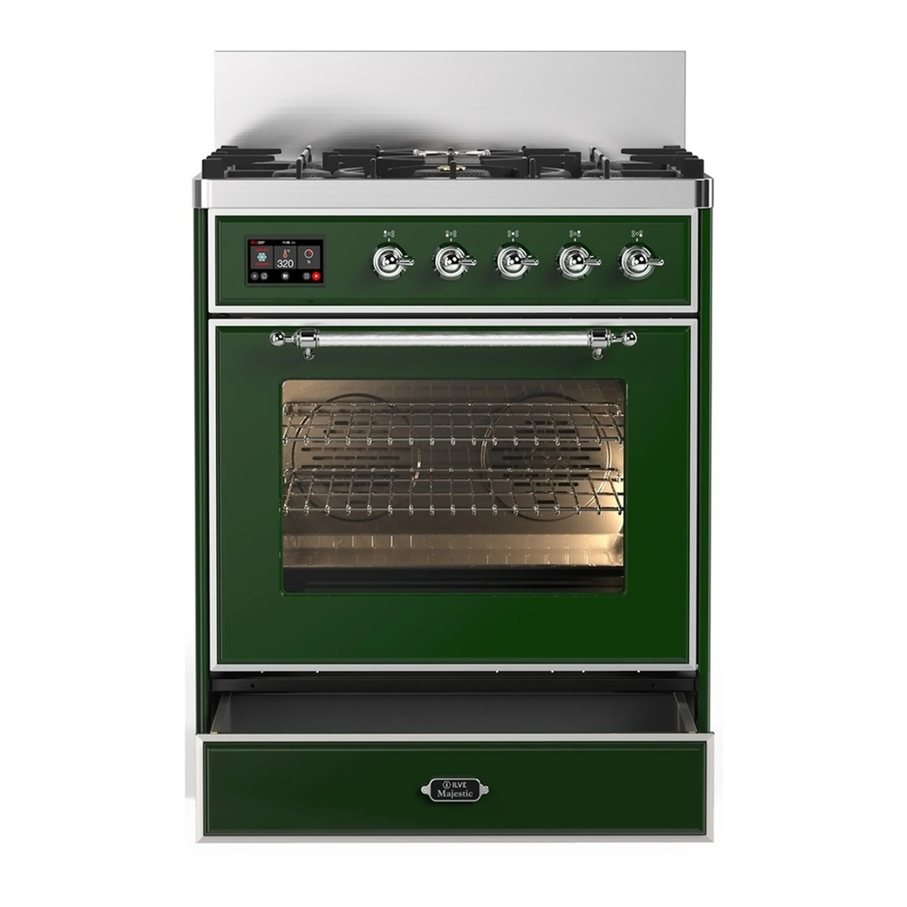ILVE Majestic III 30-inch Dual Fuel Range with 5 Liquid Propane Burner and Triple Glass Door Electric Oven in Emerald Green with Chrome Trim (UM30NR3EGCLP) - Image 3