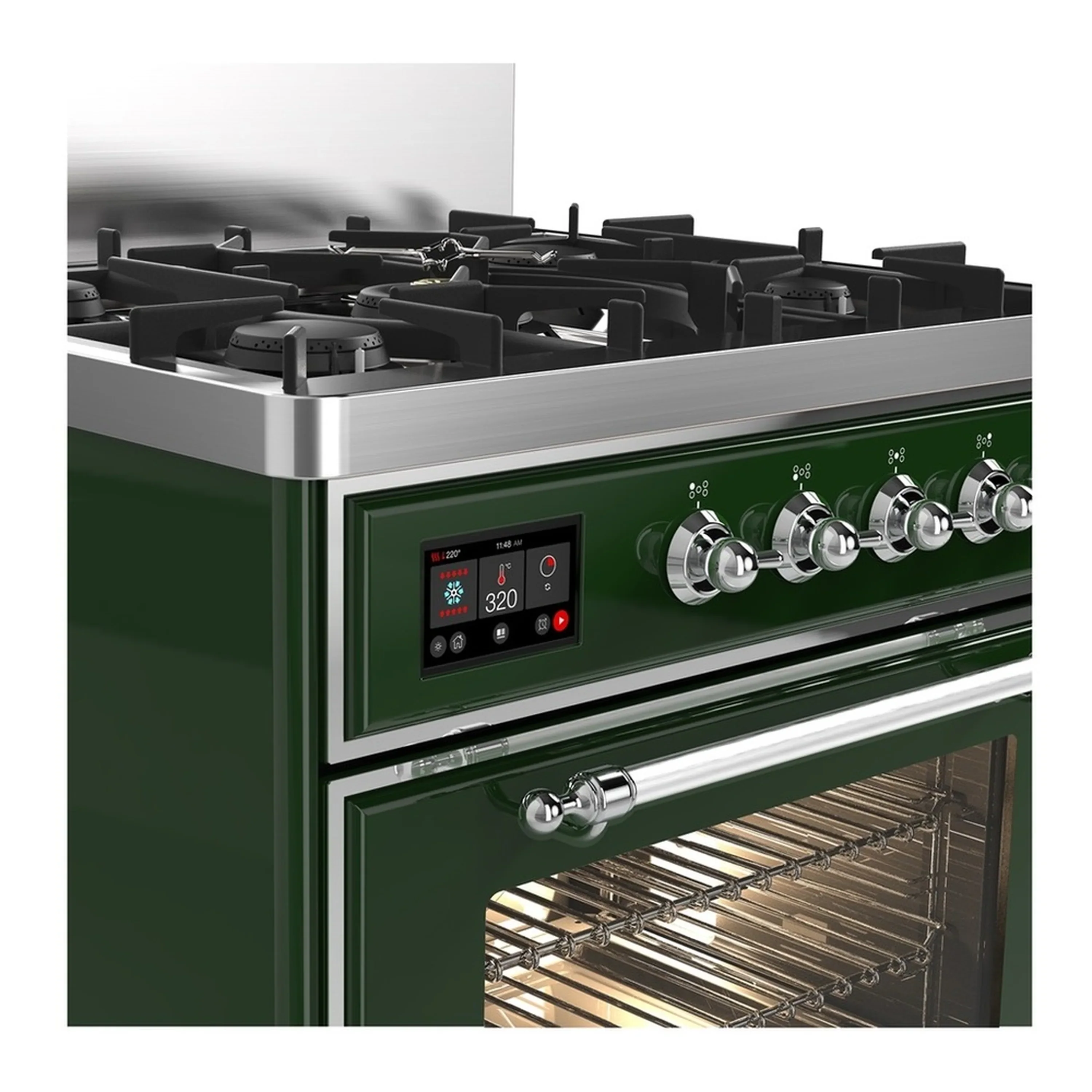 ILVE Majestic III 30-inch Dual Fuel Range with 5 Liquid Propane Burner and Triple Glass Door Electric Oven in Emerald Green with Chrome Trim (UM30NR3EGCLP) - Image 5