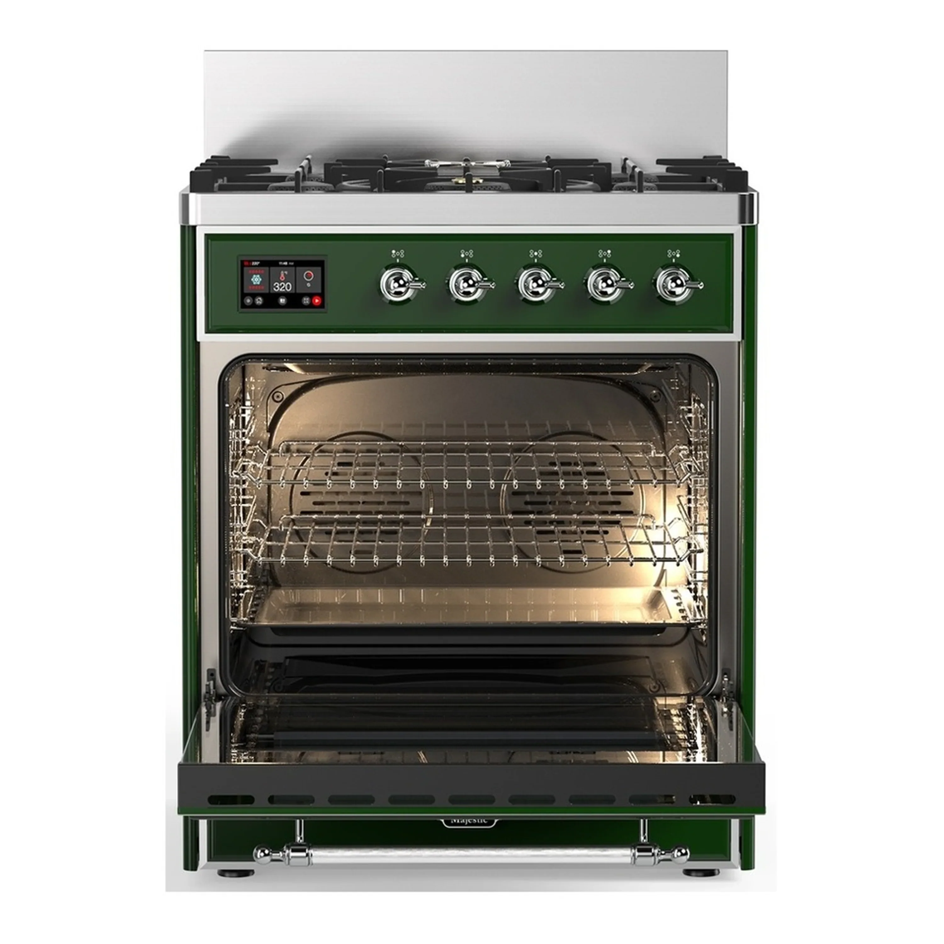ILVE Majestic III 30-inch Dual Fuel Range with 5 Natural Gas Burner and Solid Door Electric Oven in Emerald Green with Chrome Trim (UM30QNR3EGC) - Image 3