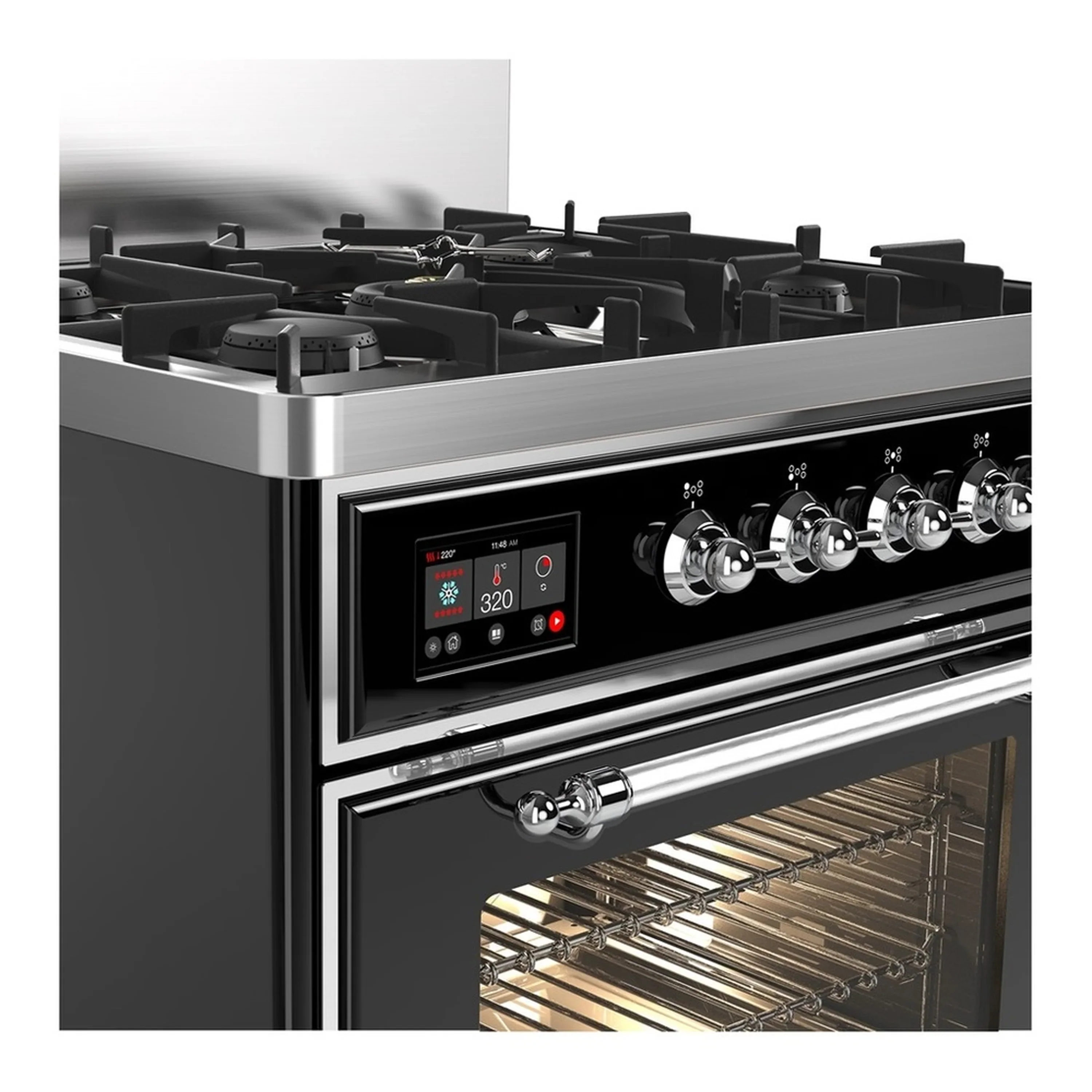 ILVE Majestic III 30-inch Dual Fuel Range with 5 Natural Gas Burner and Triple Glass Door Electric Oven in Glossy Black with Chrome Trim (UM30NR3BKC) - Image 5