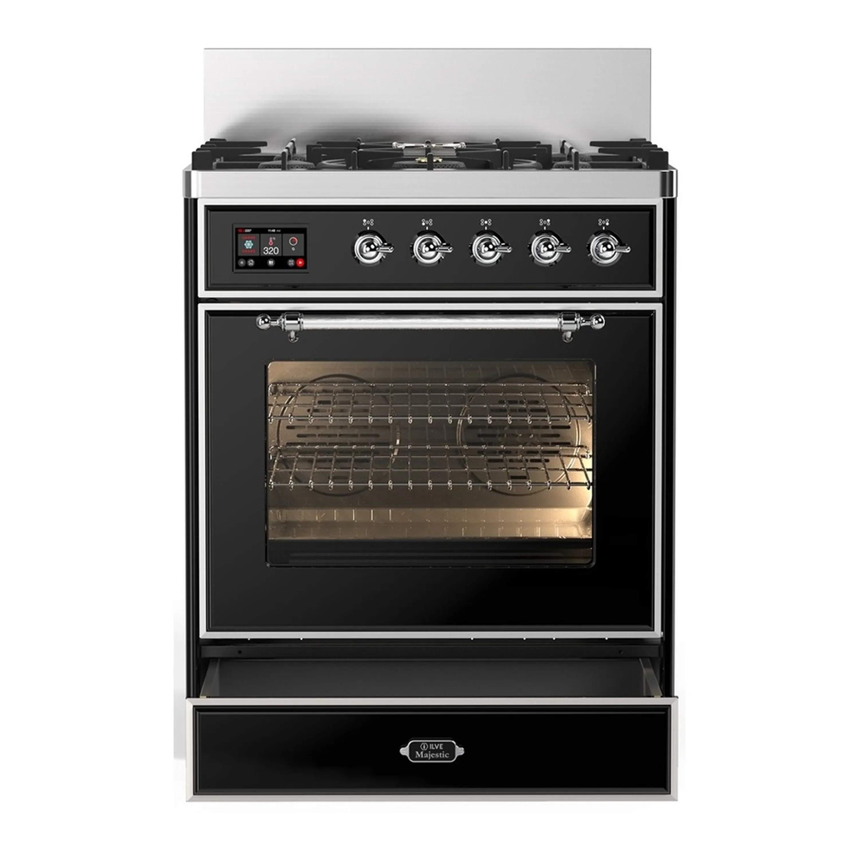 ILVE Majestic III 30-inch Dual Fuel Range with 5 Liquid Propane Burner and Triple Glass Door Electric Oven in Glossy Black with Chrome Trim (UM30NR3BKCLP) - Image 3