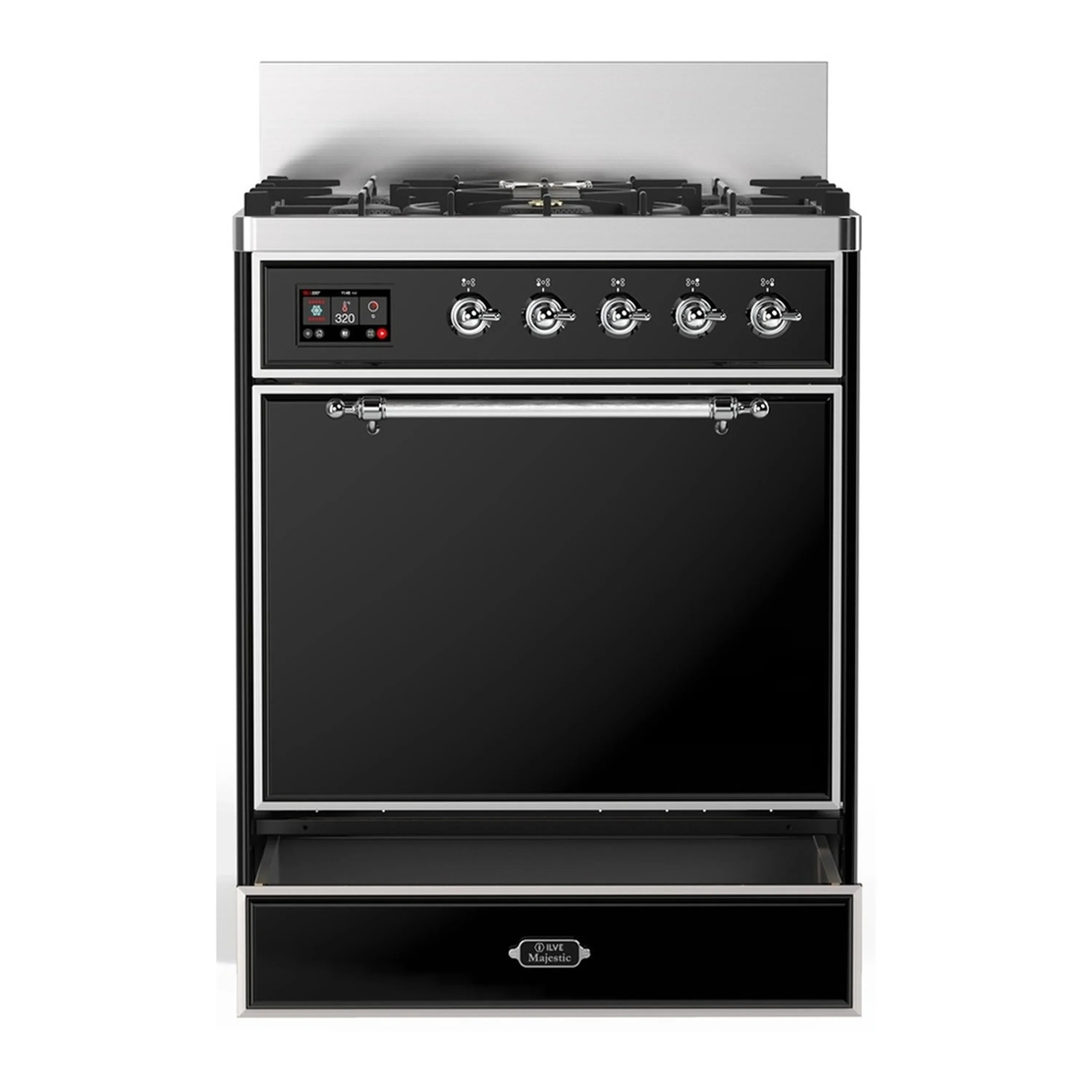 ILVE Majestic III 30-inch Dual Fuel Range with 5 Liquid Propane Burner and Solid Door Electric Oven in Glossy Black with Chrome Trim (UM30QNR3BKCLP) - Image 3
