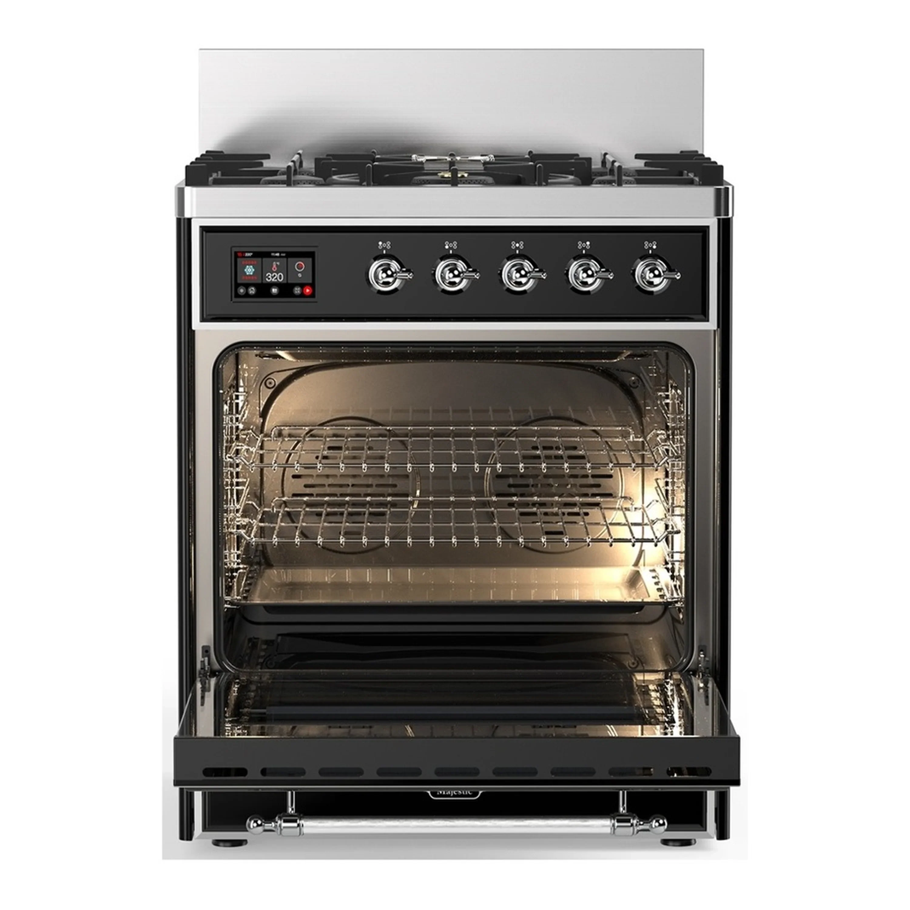 ILVE Majestic III 30-inch Dual Fuel Range with 5 Liquid Propane Burner and Solid Door Electric Oven in Glossy Black with Chrome Trim (UM30QNR3BKCLP) - Image 4