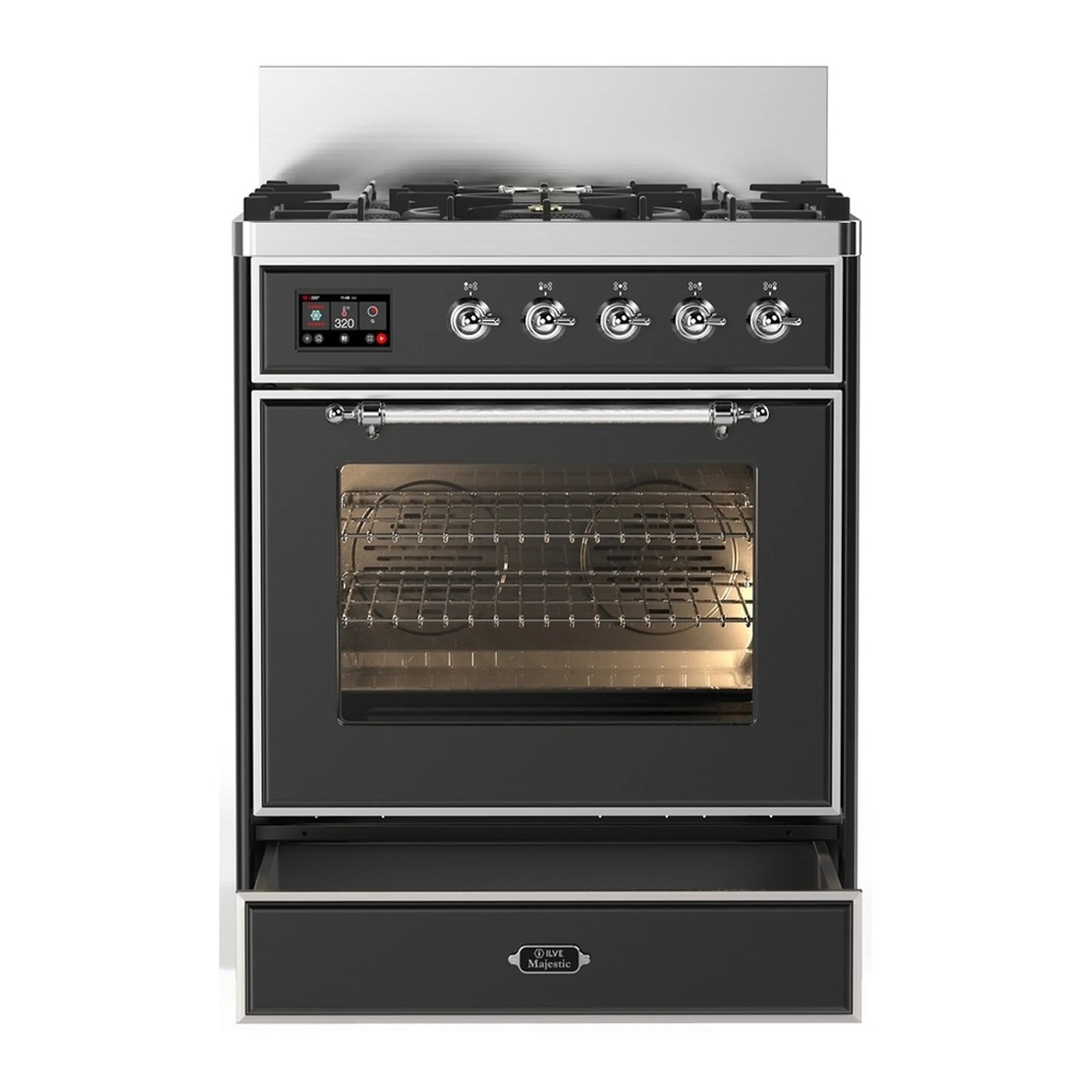 ILVE Majestic III 30-inch Dual Fuel Range with 5 Natural Gas Burner and Triple Glass Door Electric Oven in Graphite Matte with Chrome Trim (UM30NR3MGC) - Image 3