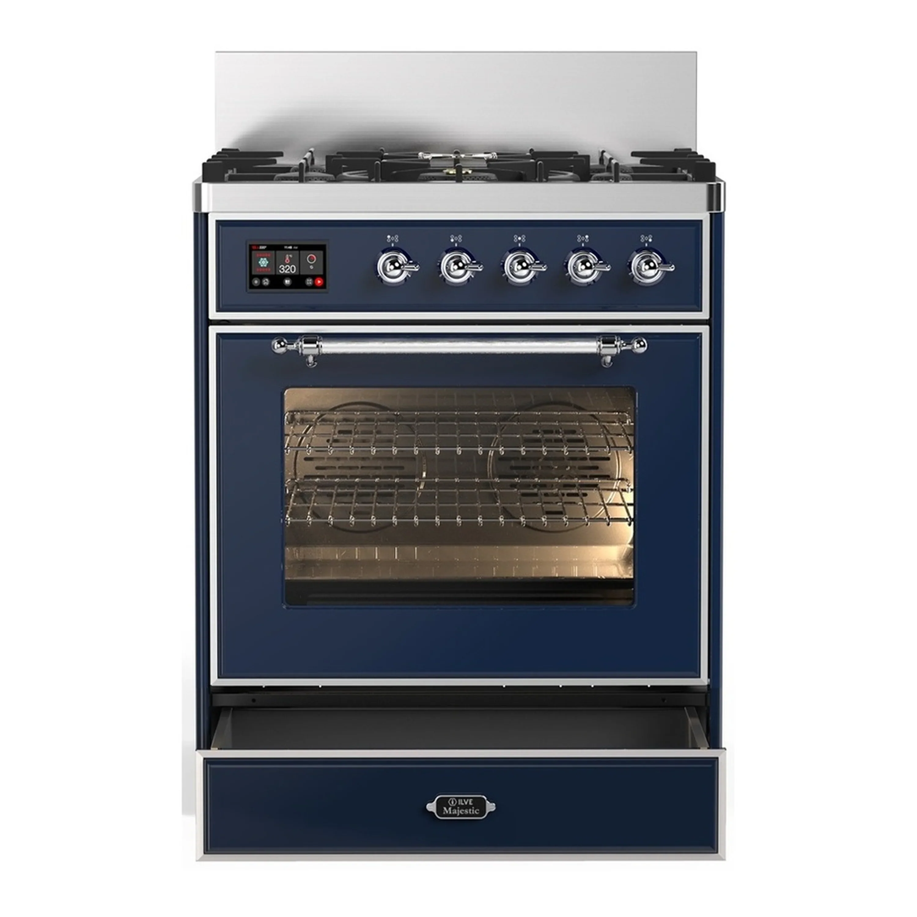 ILVE Majestic III 30-inch Dual Fuel Range with 5 Natural Gas Burner and Triple Glass Door Electric Oven in Midnight Blue with Chrome Trim (UM30NR3MBC) - Image 3