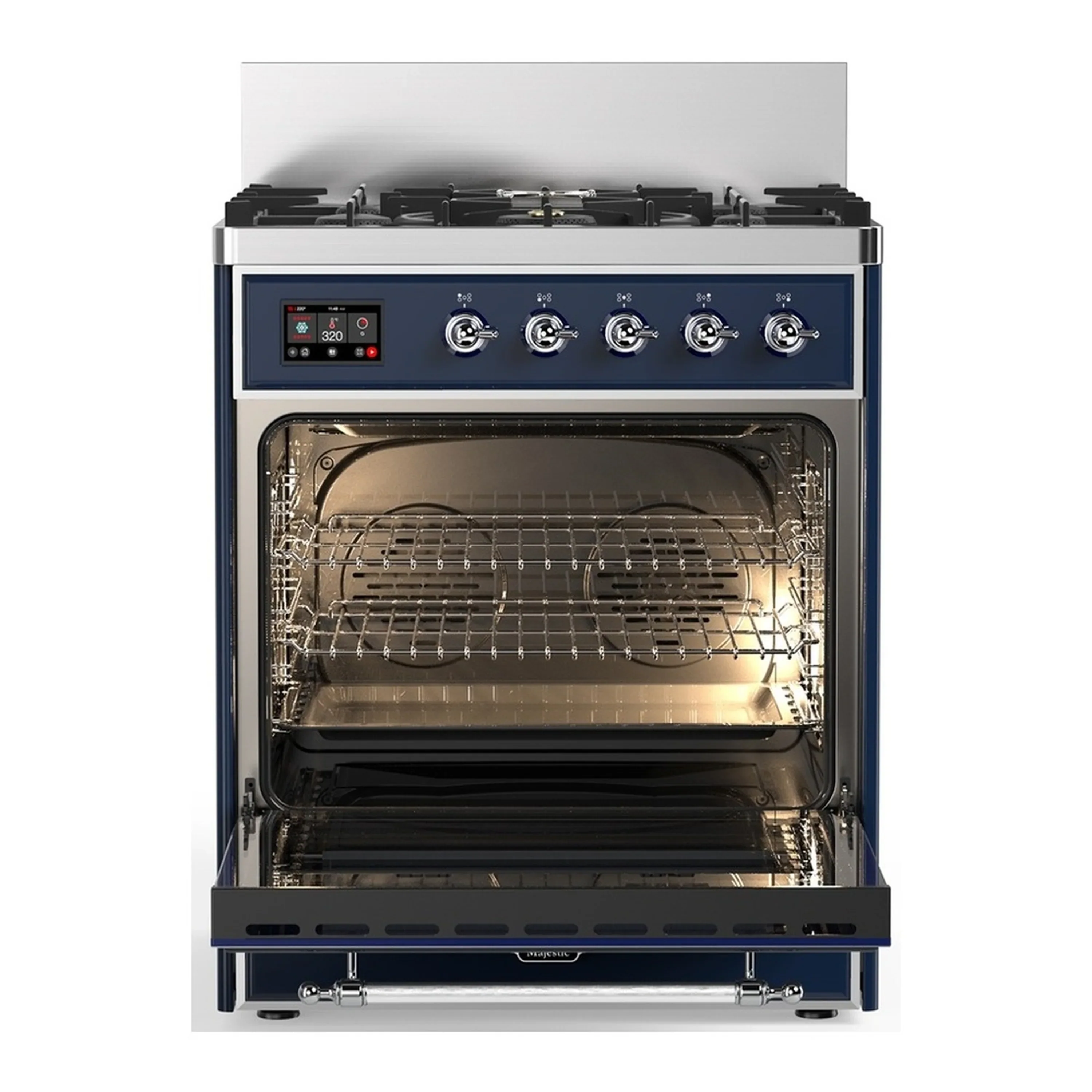 ILVE Majestic III 30-inch Dual Fuel Range with 5 Natural Gas Burner and Triple Glass Door Electric Oven in Midnight Blue with Chrome Trim (UM30NR3MBC) - Image 4