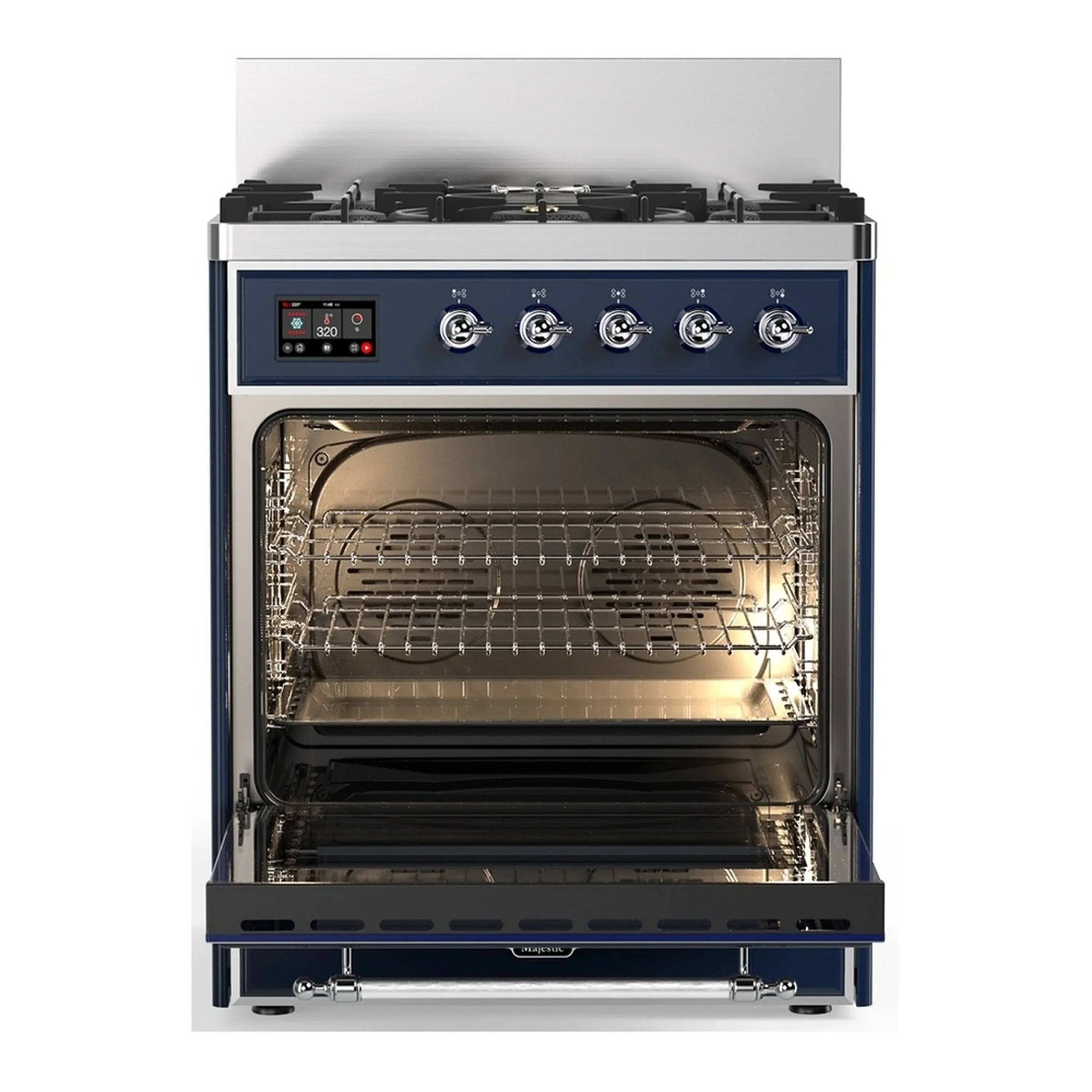 ILVE Majestic III 30-inch Dual Fuel Range with 5 Natural Gas Burner and Solid Door Electric Oven in Midnight Blue with Chrome Trim (UM30QNR3MBC) - Image 4