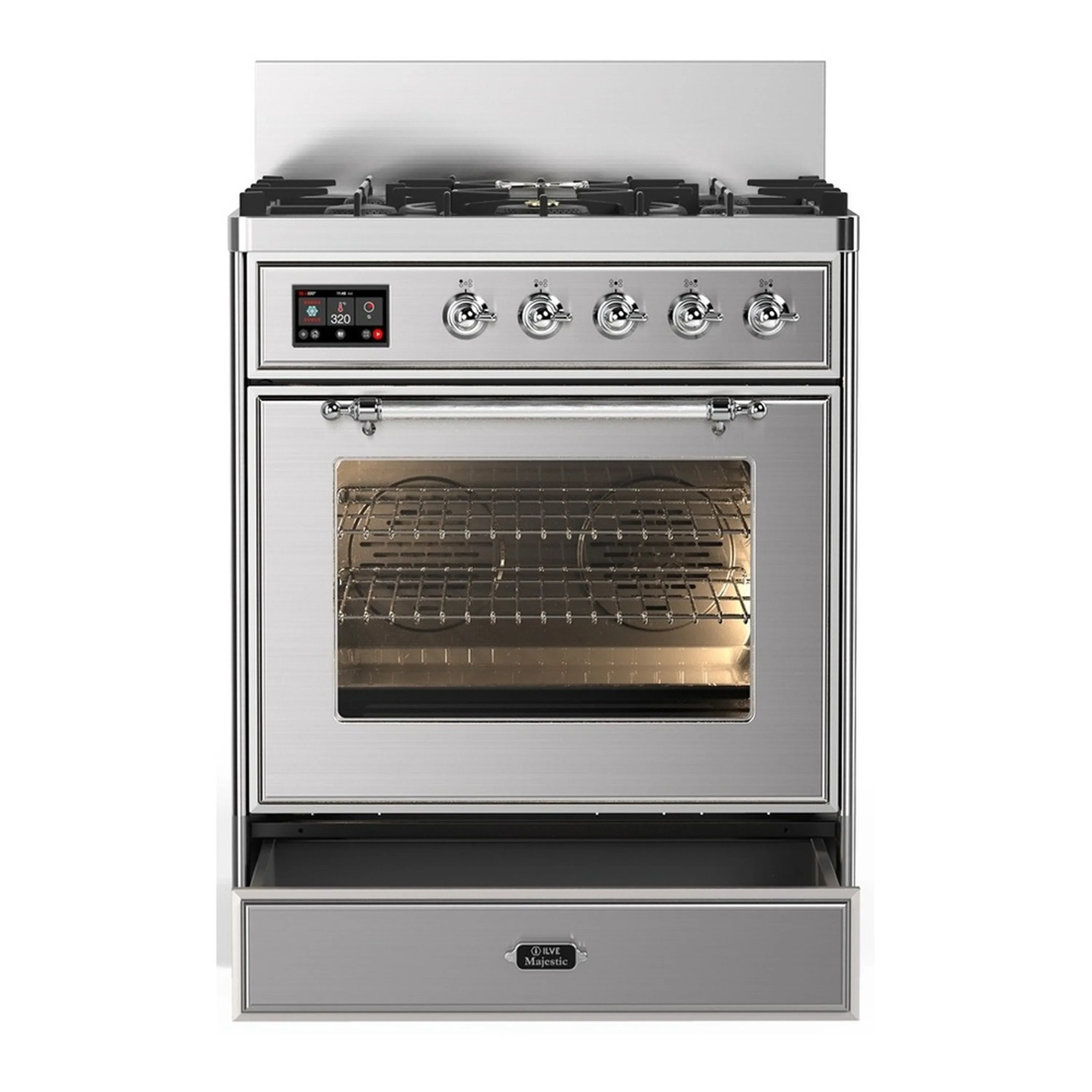 ILVE Majestic III 30-inch Dual Fuel Range with 5 Natural Gas Burner and Triple Glass Door Electric Oven in Stainless Steel with Chrome Trim (UM30NR3SSC) - Image 3
