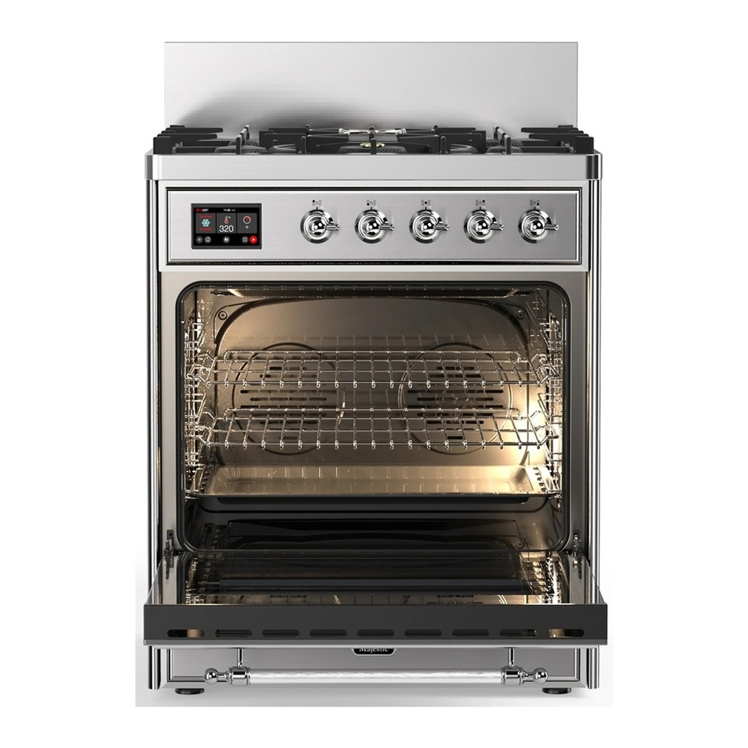 ILVE Majestic III 30-inch Dual Fuel Range with 5 Liquid Propane Burner and Triple Glass Door Electric Oven in Stainless Steel with Chrome Trim (UM30NR3SSCLP) - Image 4