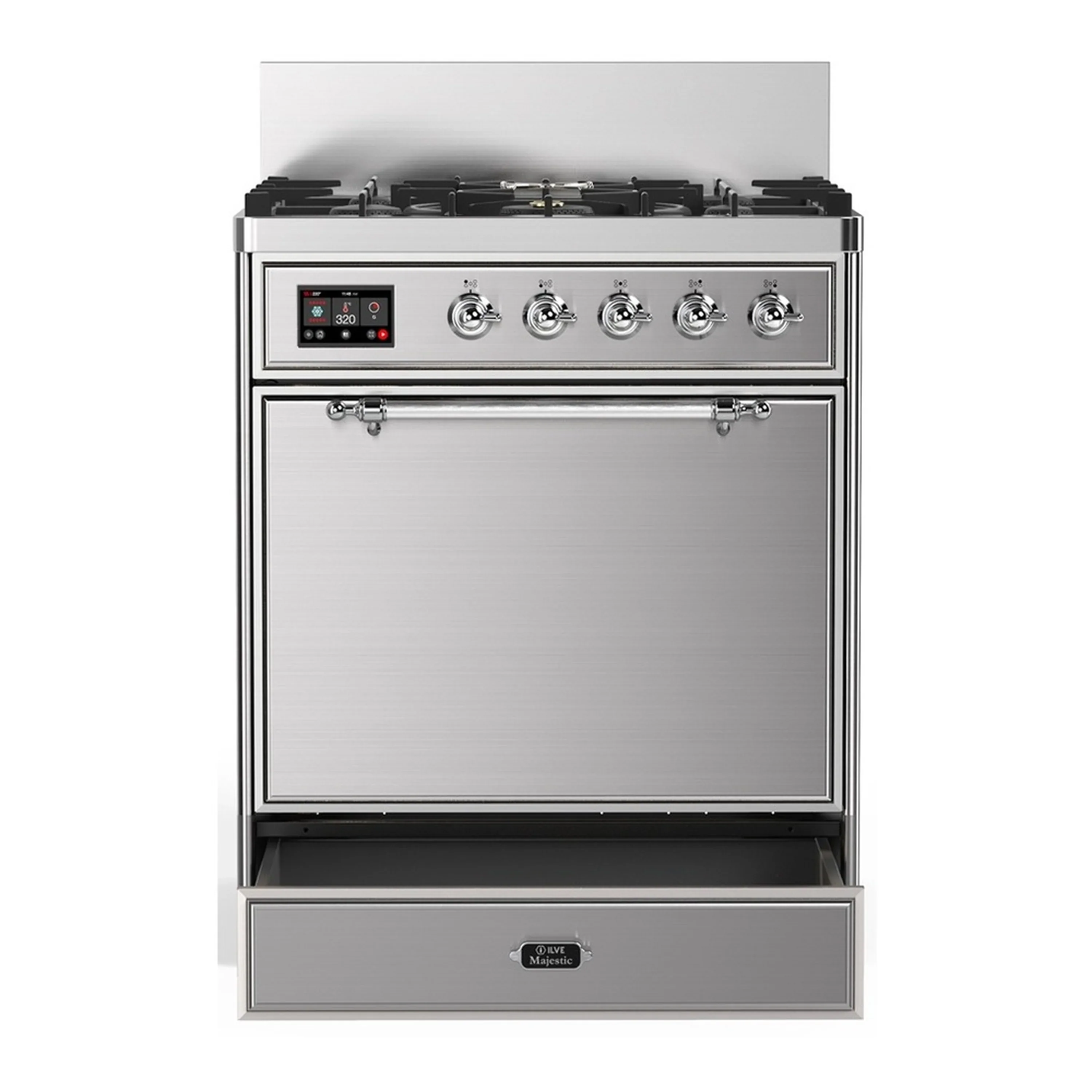 ILVE Majestic III 30-inch Dual Fuel Range with 5 Natural Gas Burner and Solid Door Electric Oven in Stainless Steel with Chrome Trim (UM30QNR3SSC) - Image 3