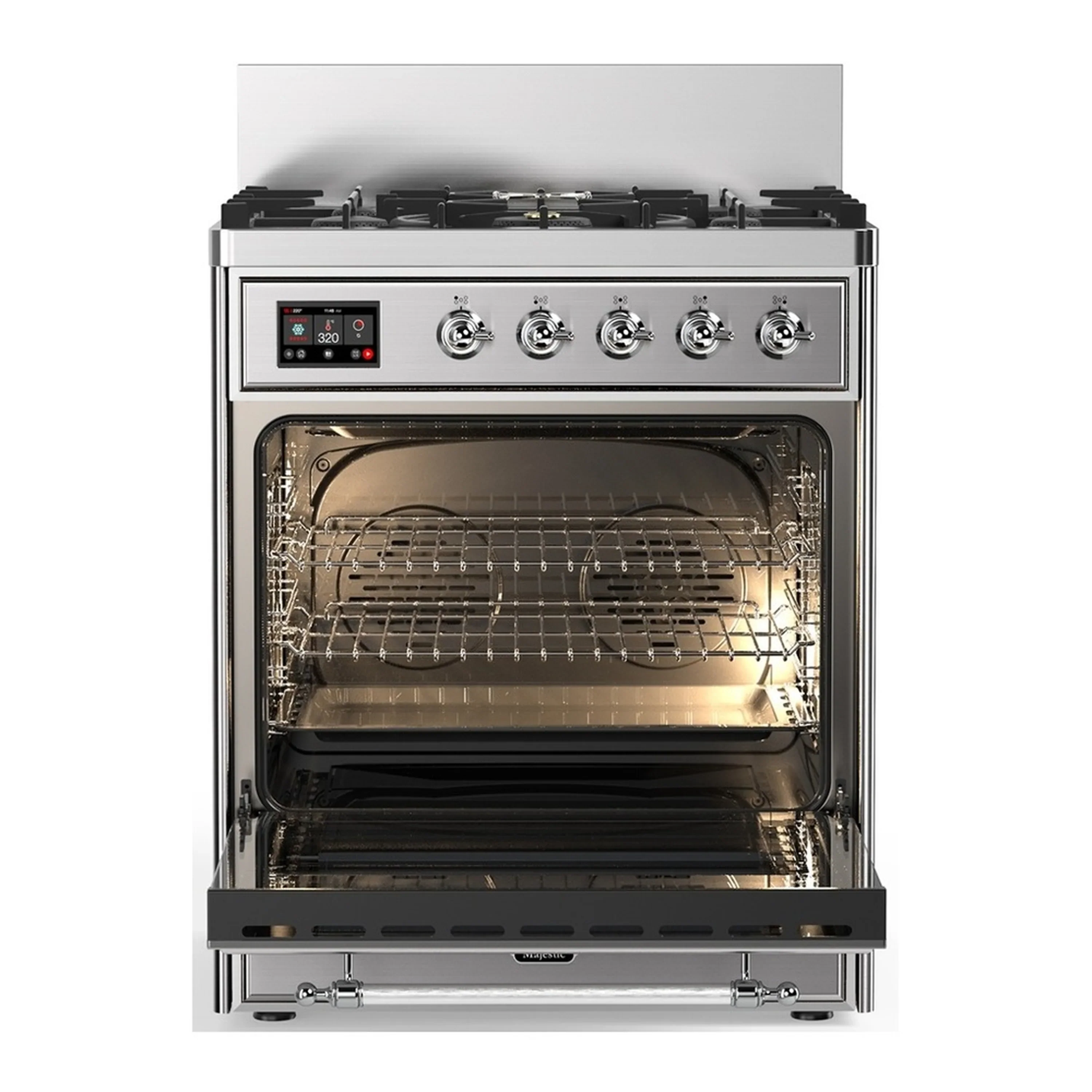 ILVE Majestic III 30-inch Dual Fuel Range with 5 Natural Gas Burner and Solid Door Electric Oven in Stainless Steel with Chrome Trim (UM30QNR3SSC) - Image 4