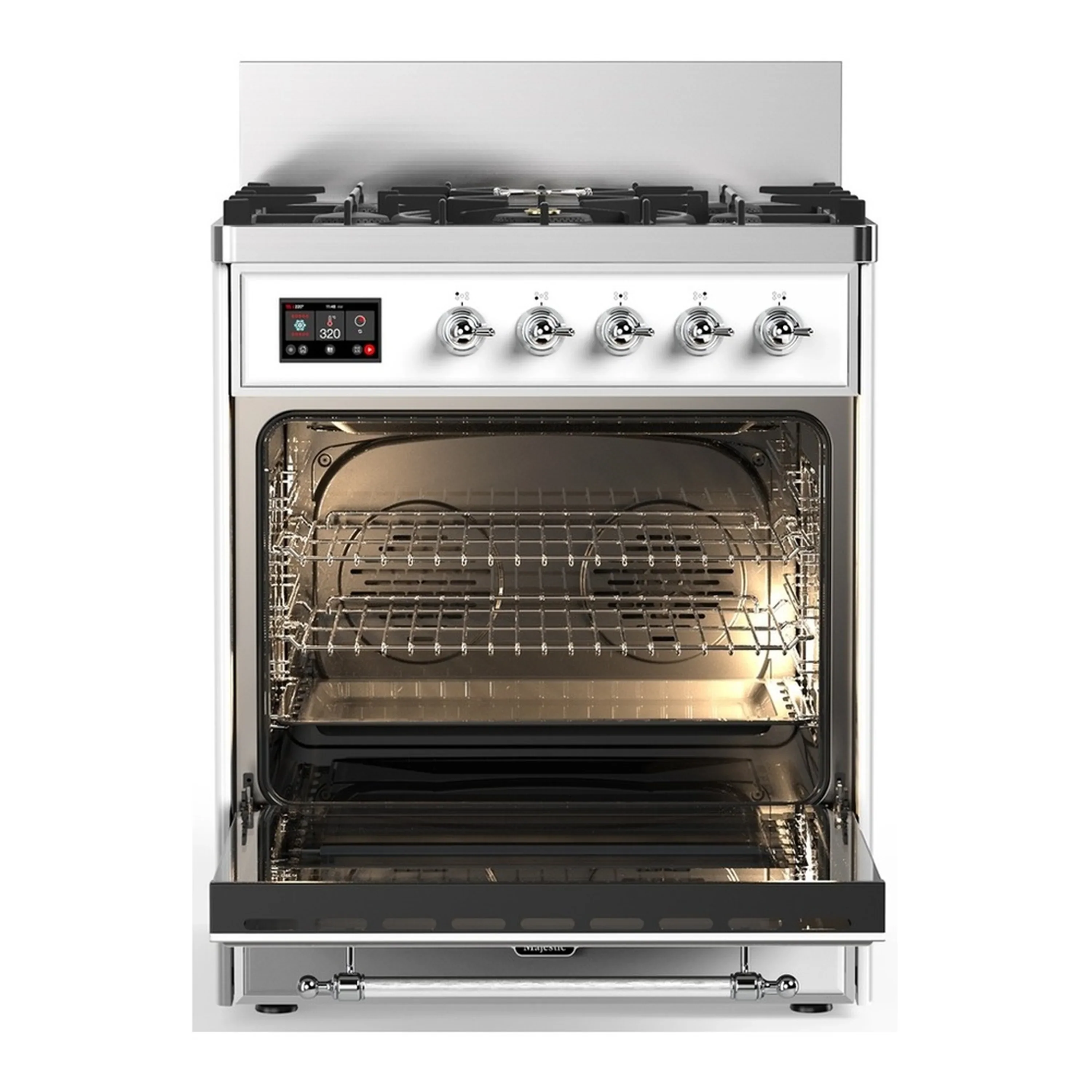 ILVE Majestic III 30-inch Dual Fuel Range with 5 Natural Gas Burner and Triple Glass Door Electric Oven in White with Chrome Trim (UM30NR3WHC) - Image 4