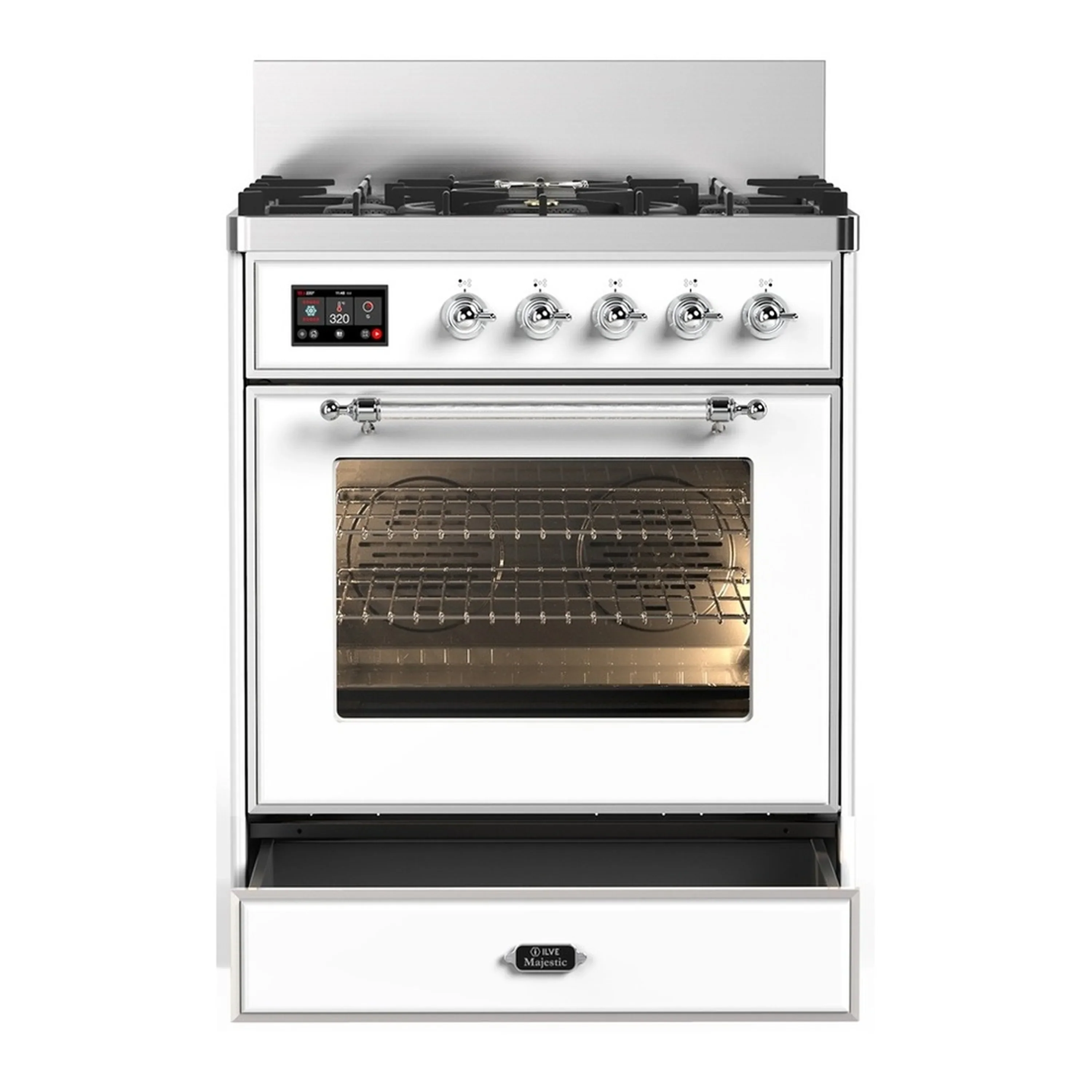 ILVE Majestic III 30-inch Dual Fuel Range with 5 Liquid Propane Burner and Triple Glass Door Electric Oven in White with Chrome Trim (UM30NR3WHCLP) - Image 3