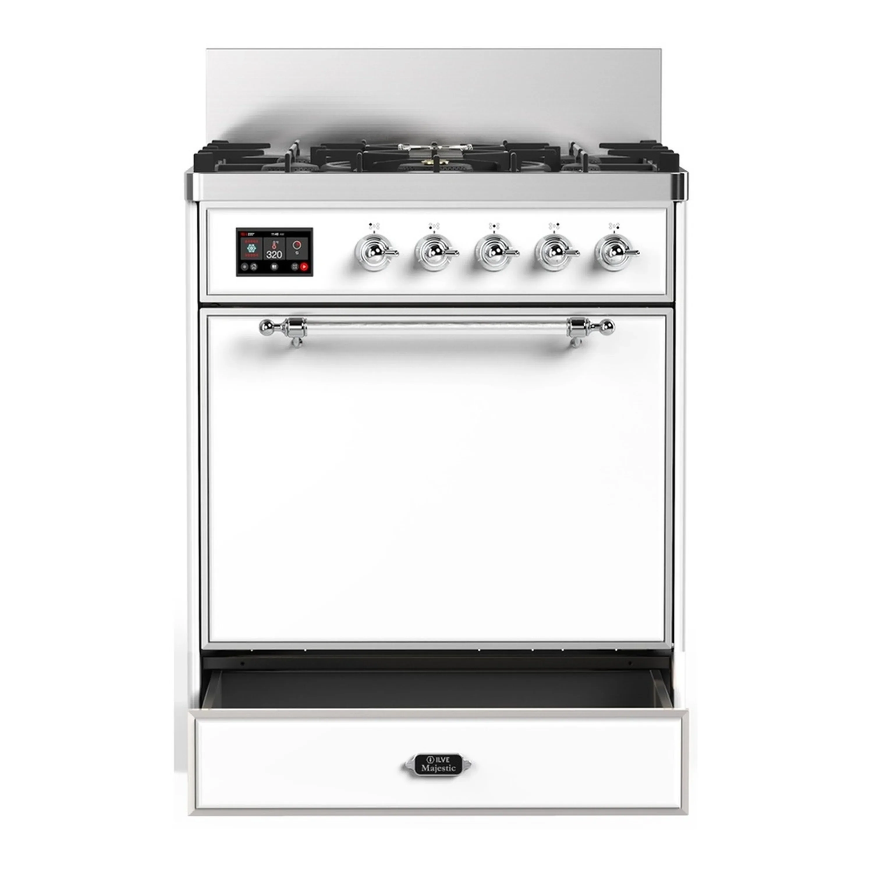 ILVE Majestic III 30-inch Dual Fuel Range with 5 Natural Gas Burner and Solid Door Electric Oven in White with Chrome Trim (UM30QNR3WHC) - Image 3