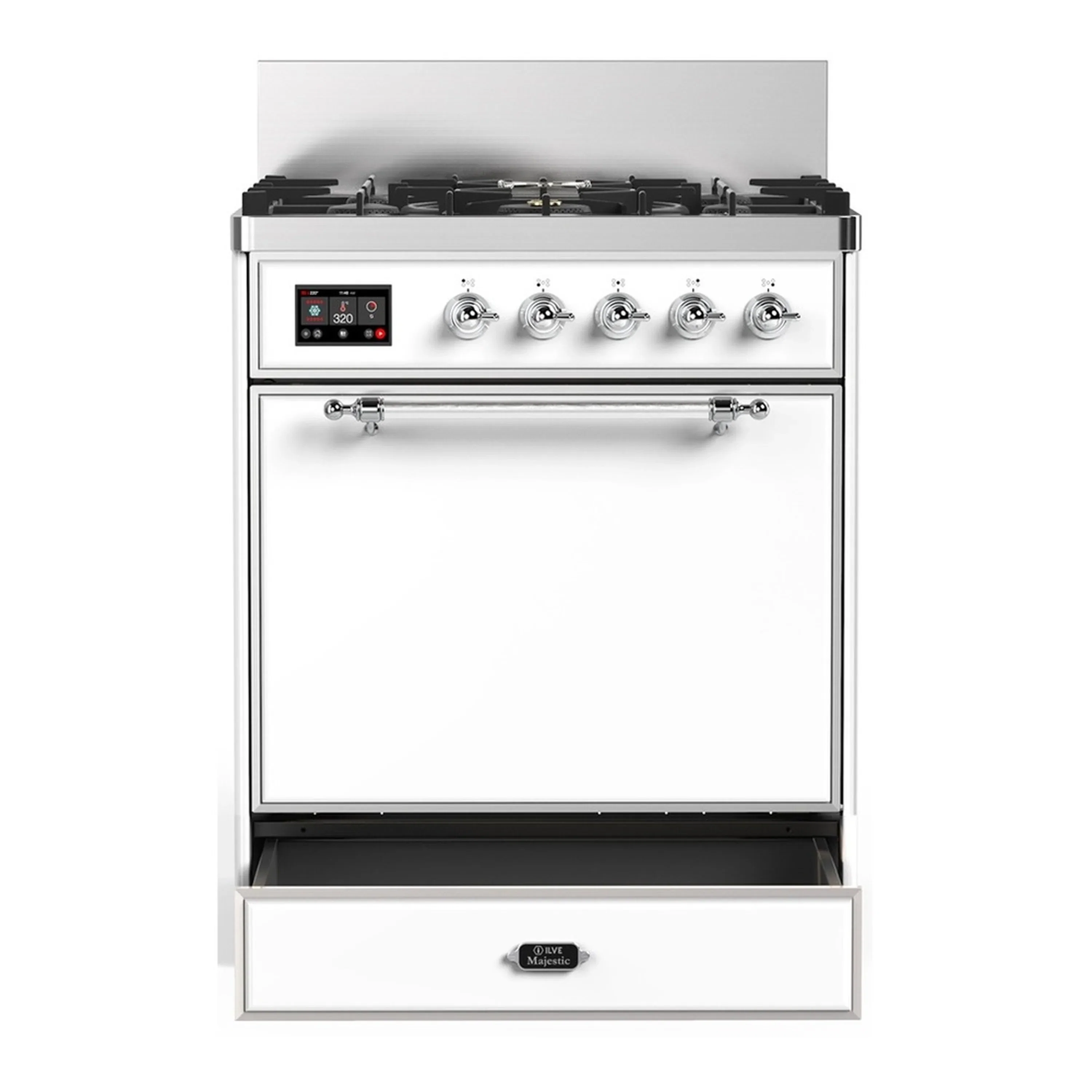 ILVE Majestic III 30-inch Dual Fuel Range with 5 Liquid Propane Burner and Solid Door Electric Oven in White with Chrome Trim (UM30QNR3WHCLP) - Image 3