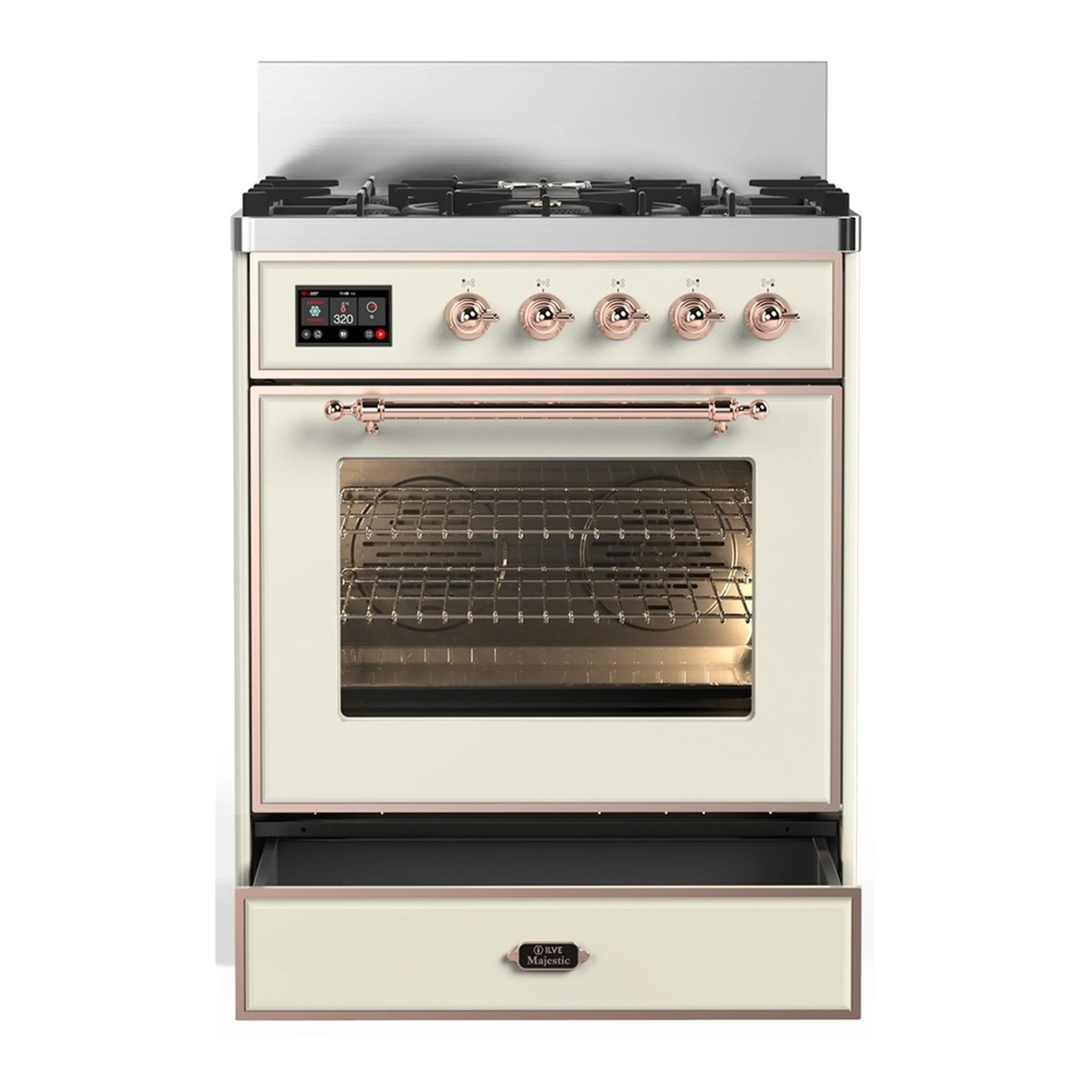 ILVE Majestic III 30-inch Dual Fuel Range with 5 Natural Gas Burner and Triple Glass Door Electric Oven in Antique White with Copper Trim (UM30NR3AWP) - Image 3