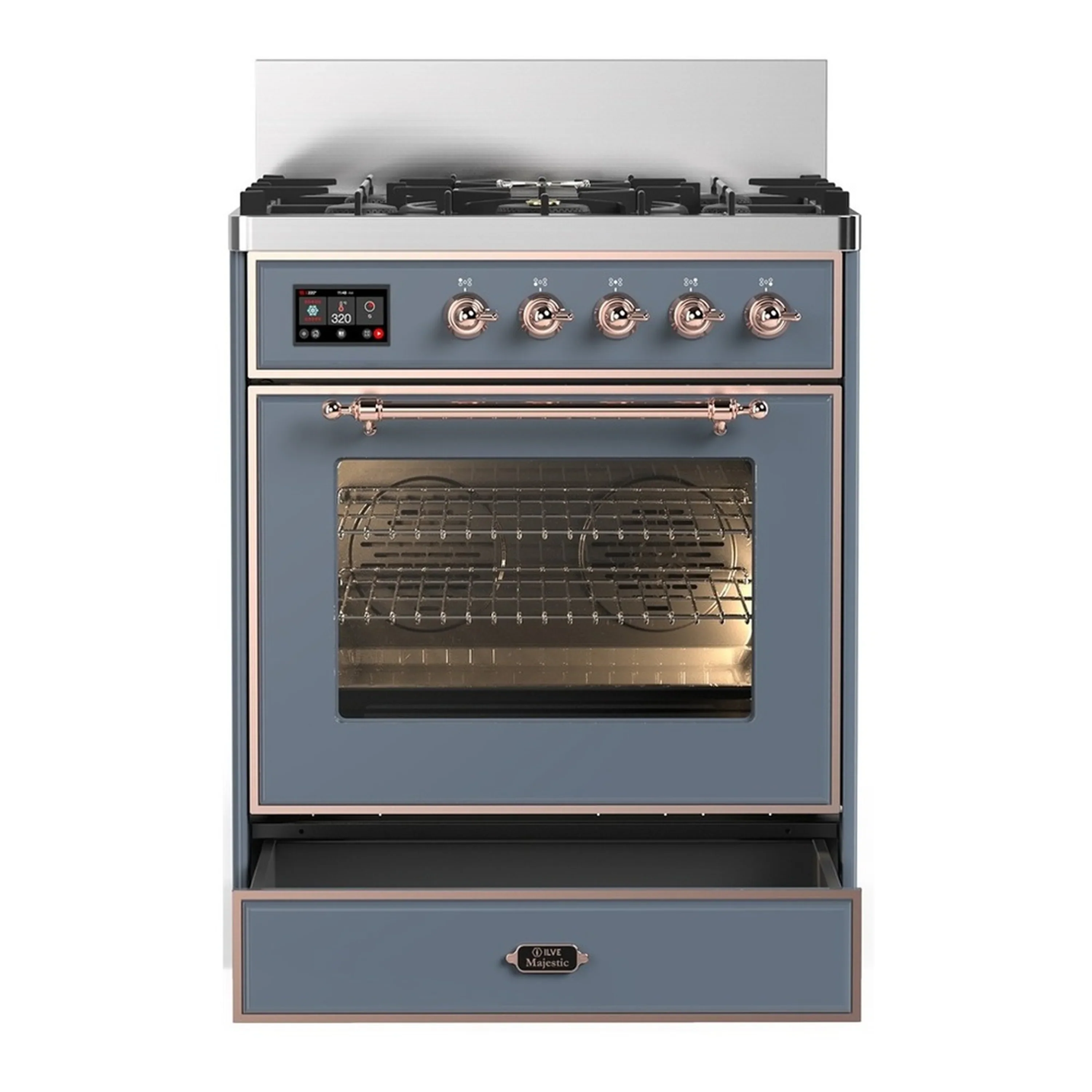 ILVE Majestic III 30-inch Dual Fuel Range with 5 Natural Gas Burner and Triple Glass Door Electric Oven in Blue Grey with Copper Trim (UM30NR3BGP) - Image 3