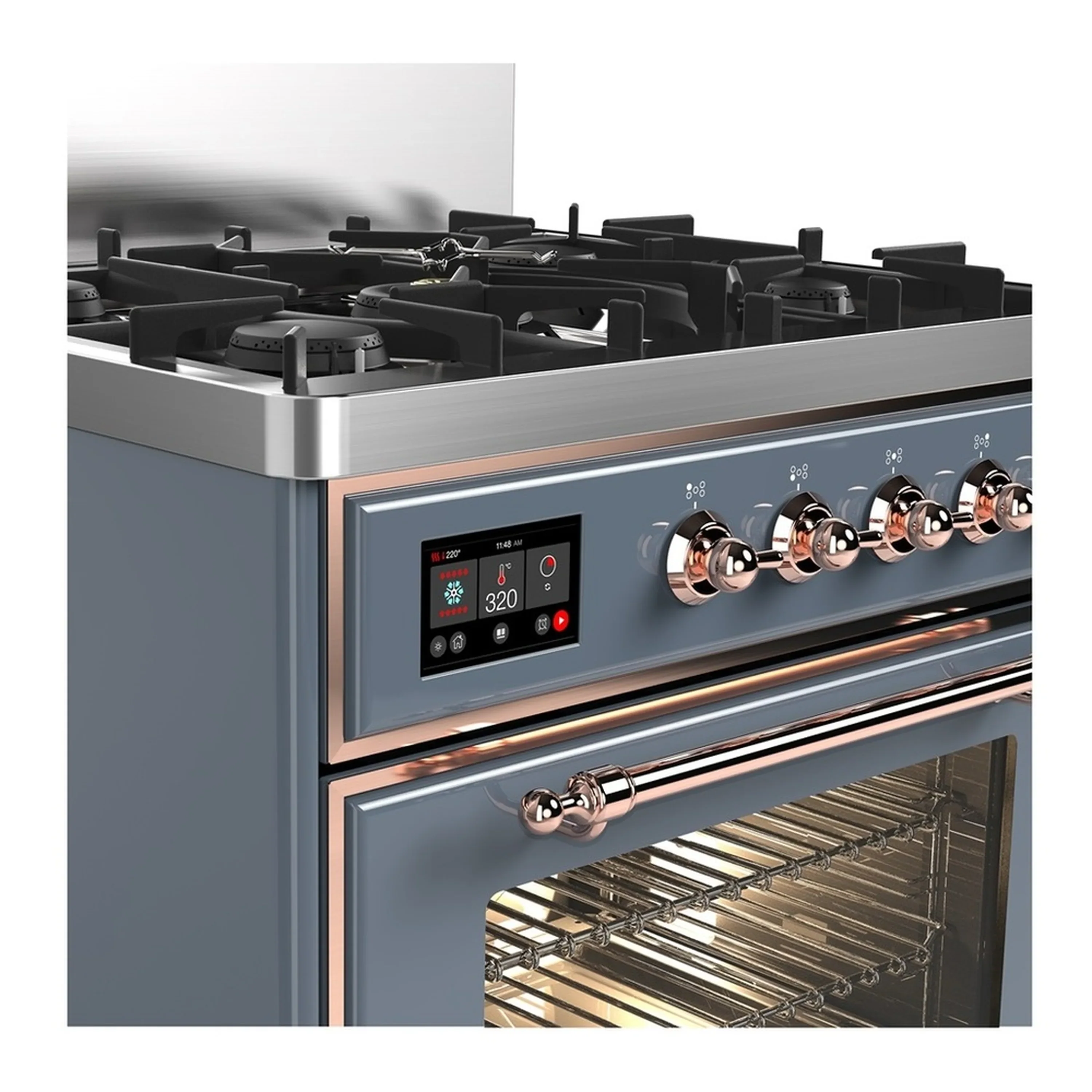 ILVE Majestic III 30-inch Dual Fuel Range with 5 Natural Gas Burner and Triple Glass Door Electric Oven in Blue Grey with Copper Trim (UM30NR3BGP) - Image 5