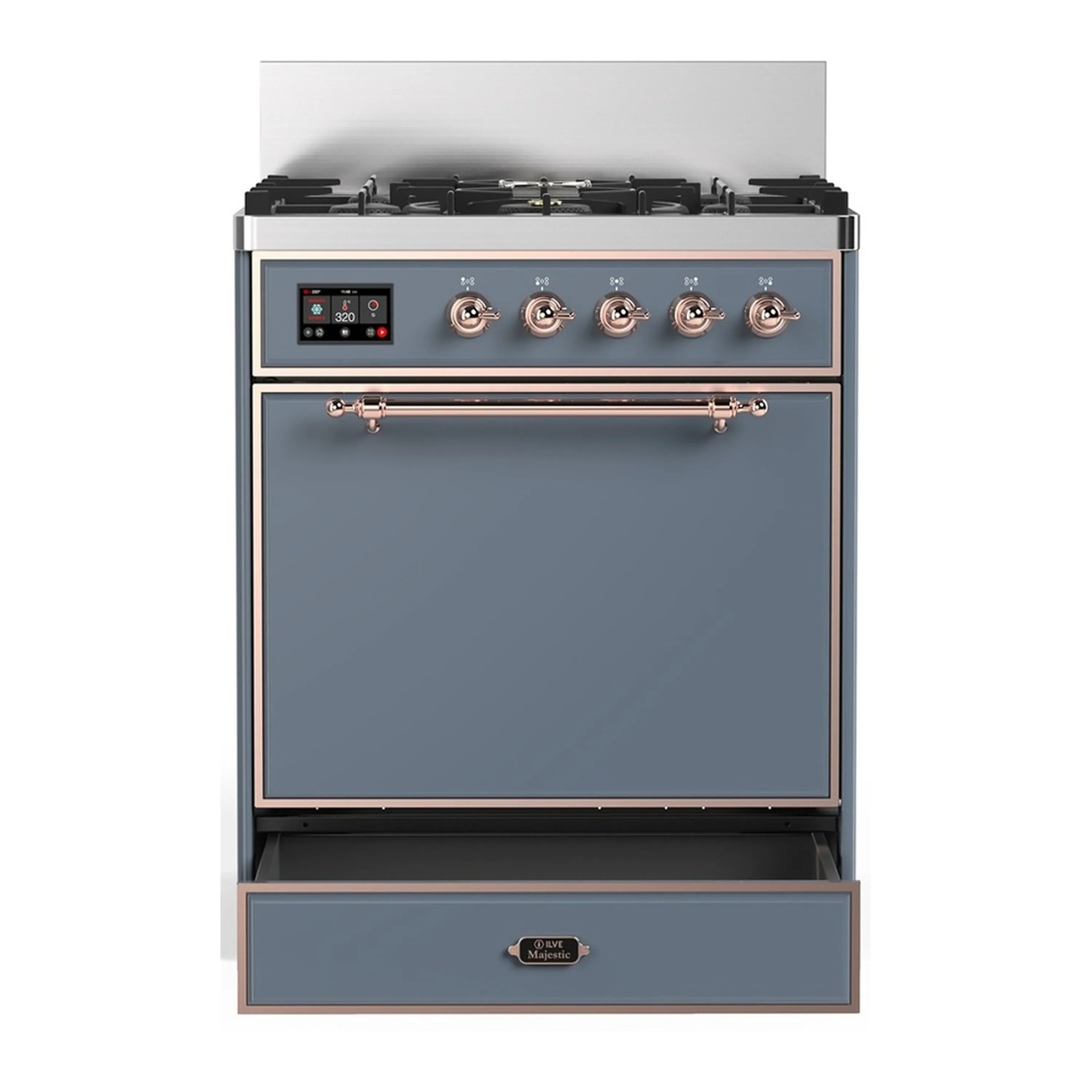 ILVE Majestic III 30-inch Dual Fuel Range with 5 Natural Gas Burner and Solid Door Electric Oven in Blue Grey with Copper Trim (UM30QNR3BGP) - Image 3