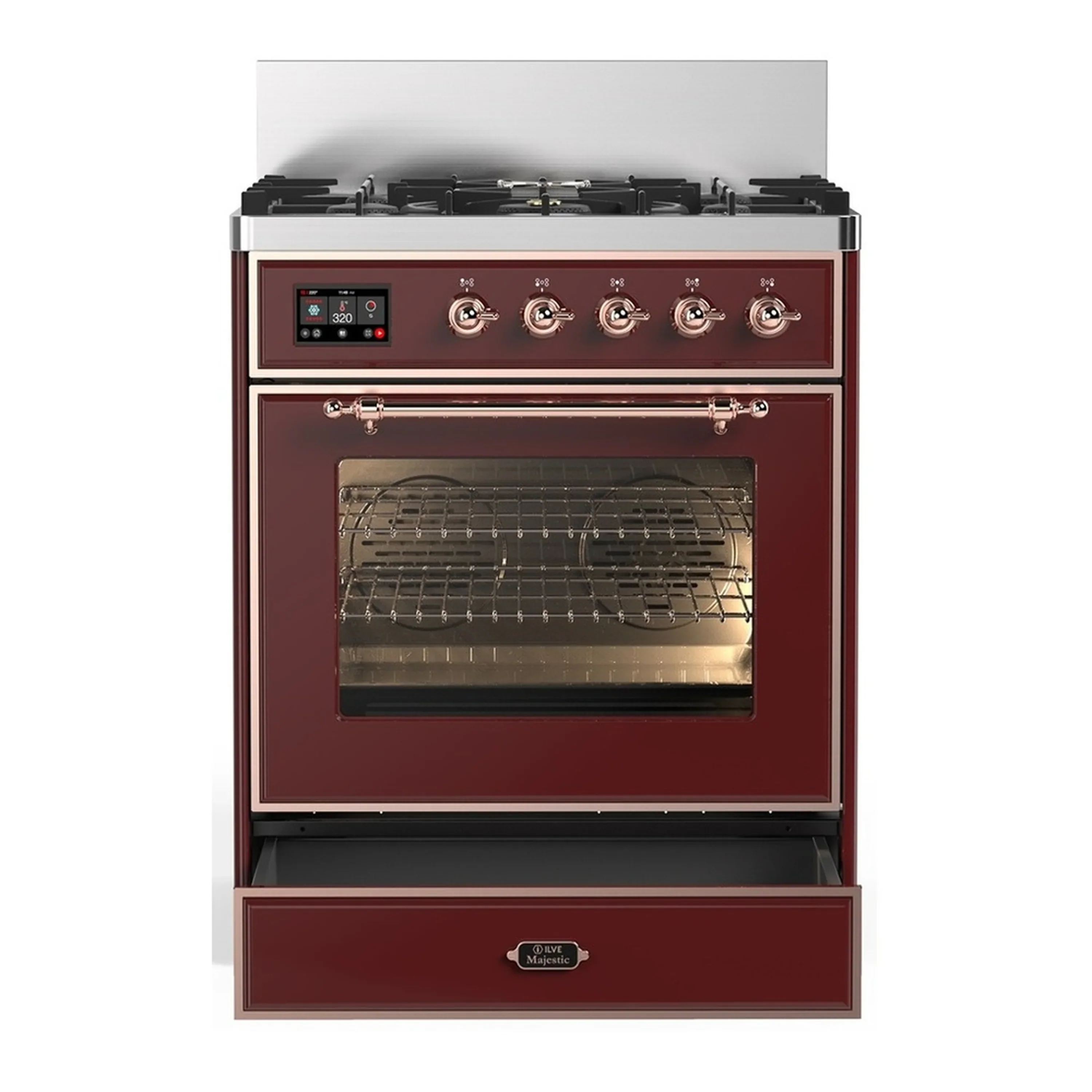 ILVE Majestic III 30-inch Dual Fuel Range with 5 Natural Gas Burner and Triple Glass Door Electric Oven in Burgundy with Copper Trim (UM30NR3BUP) - Image 3