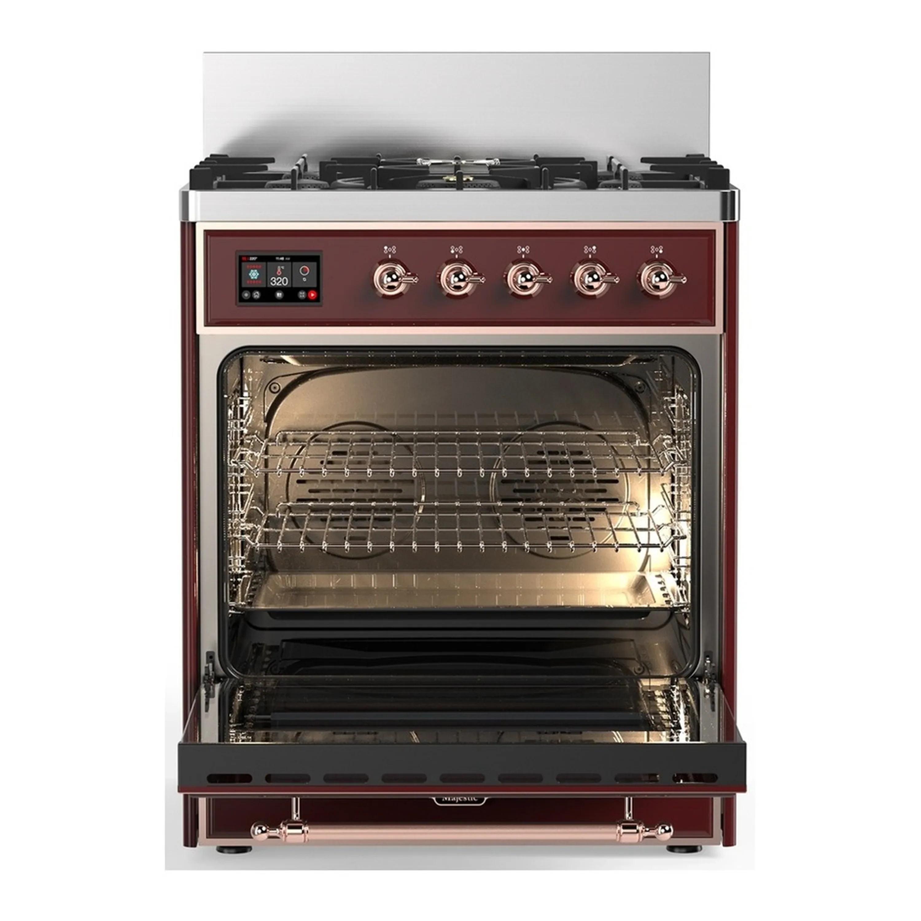ILVE Majestic III 30-inch Dual Fuel Range with 5 Natural Gas Burner and Triple Glass Door Electric Oven in Burgundy with Copper Trim (UM30NR3BUP) - Image 4
