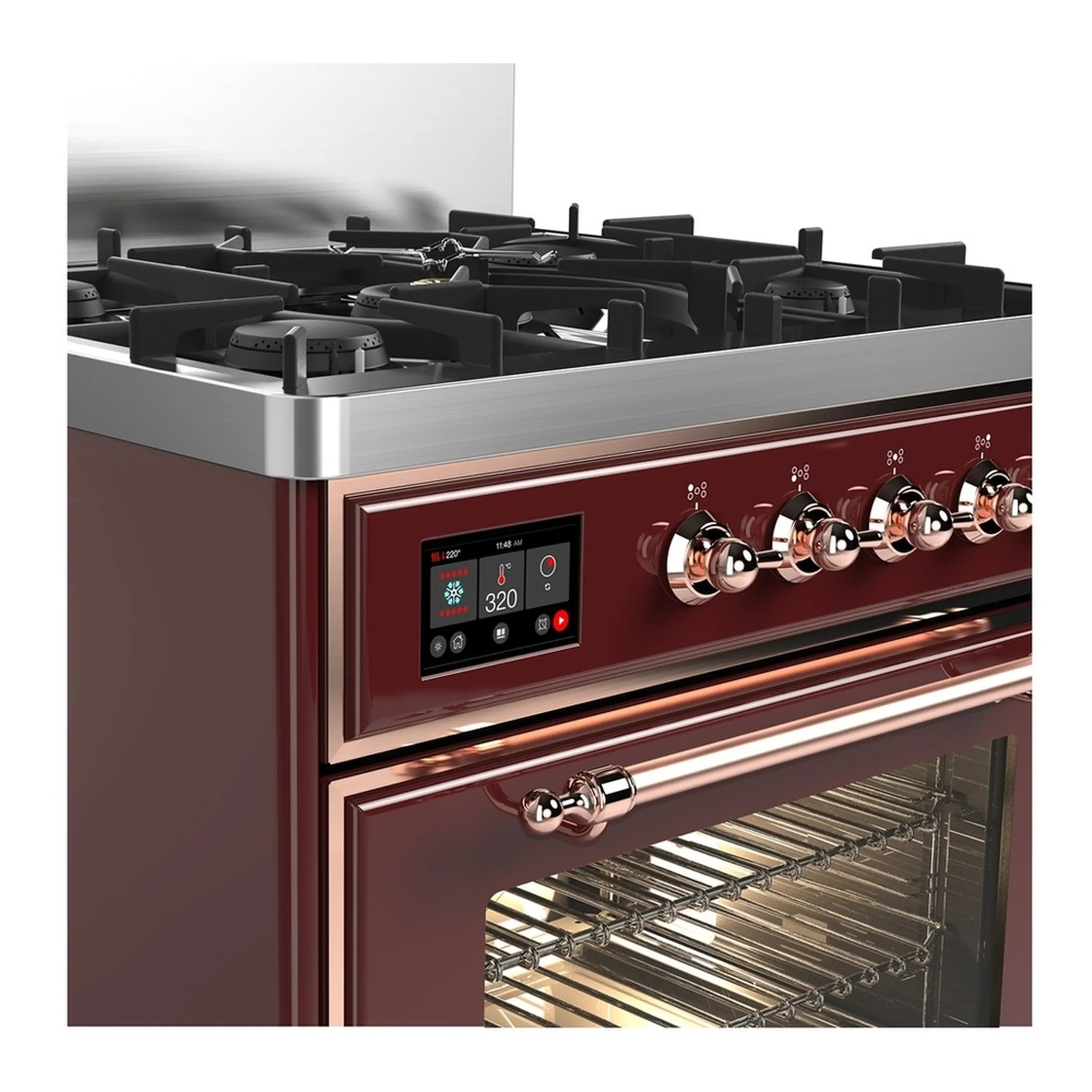 ILVE Majestic III 30-inch Dual Fuel Range with 5 Natural Gas Burner and Triple Glass Door Electric Oven in Burgundy with Copper Trim (UM30NR3BUP) - Image 5