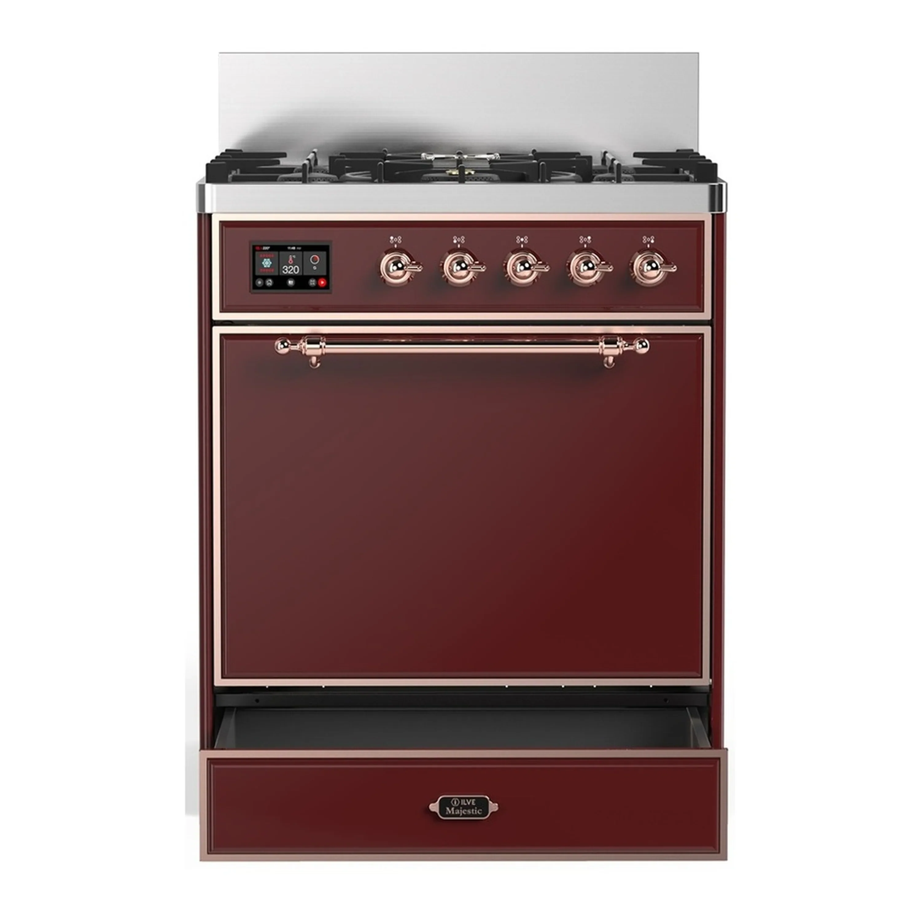ILVE Majestic III 30-inch Dual Fuel Range with 5 Natural Gas Burner and Solid Door Electric Oven in Burgundy with Copper Trim (UM30QNR3BUP) - Image 3