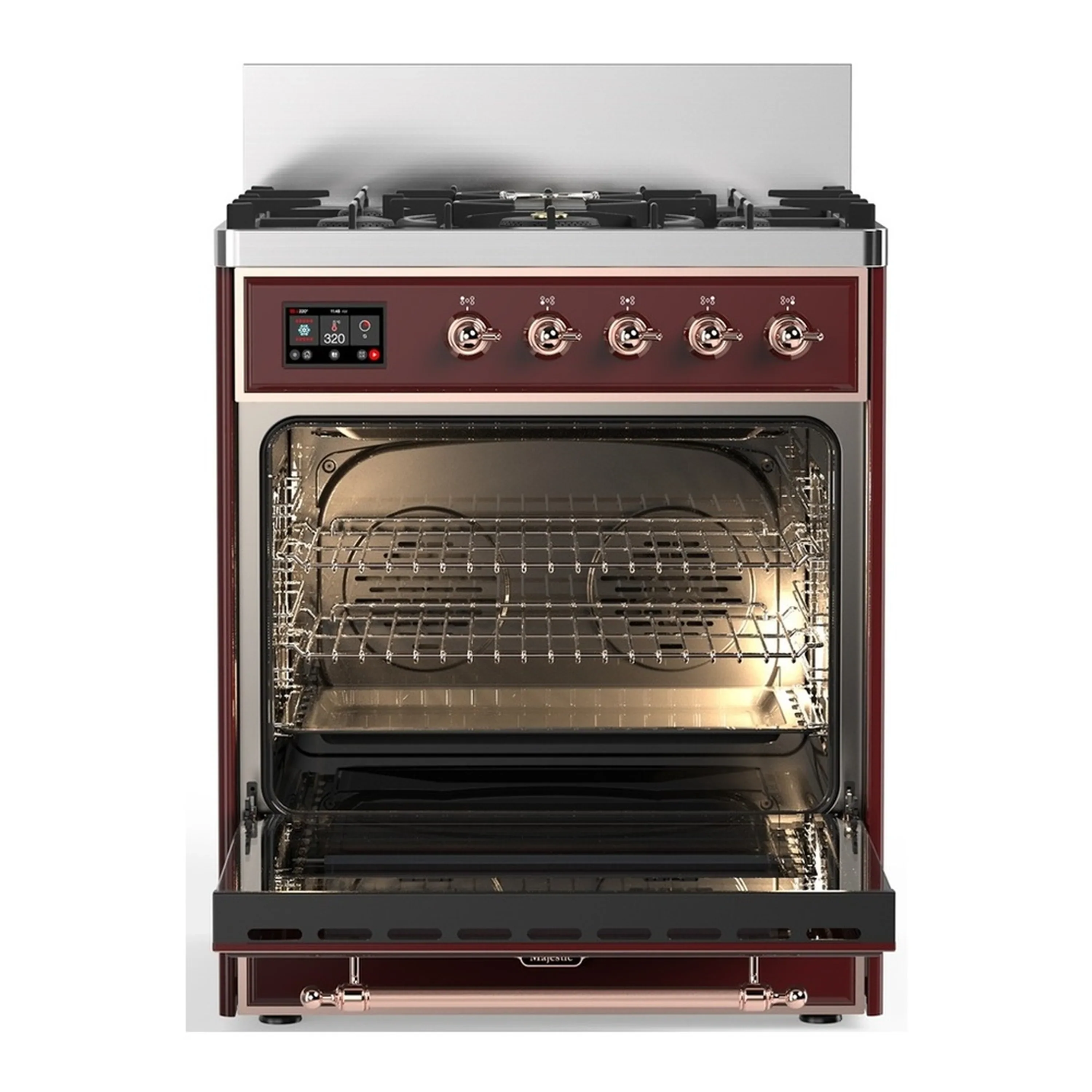 ILVE Majestic III 30-inch Dual Fuel Range with 5 Natural Gas Burner and Solid Door Electric Oven in Burgundy with Copper Trim (UM30QNR3BUP) - Image 4