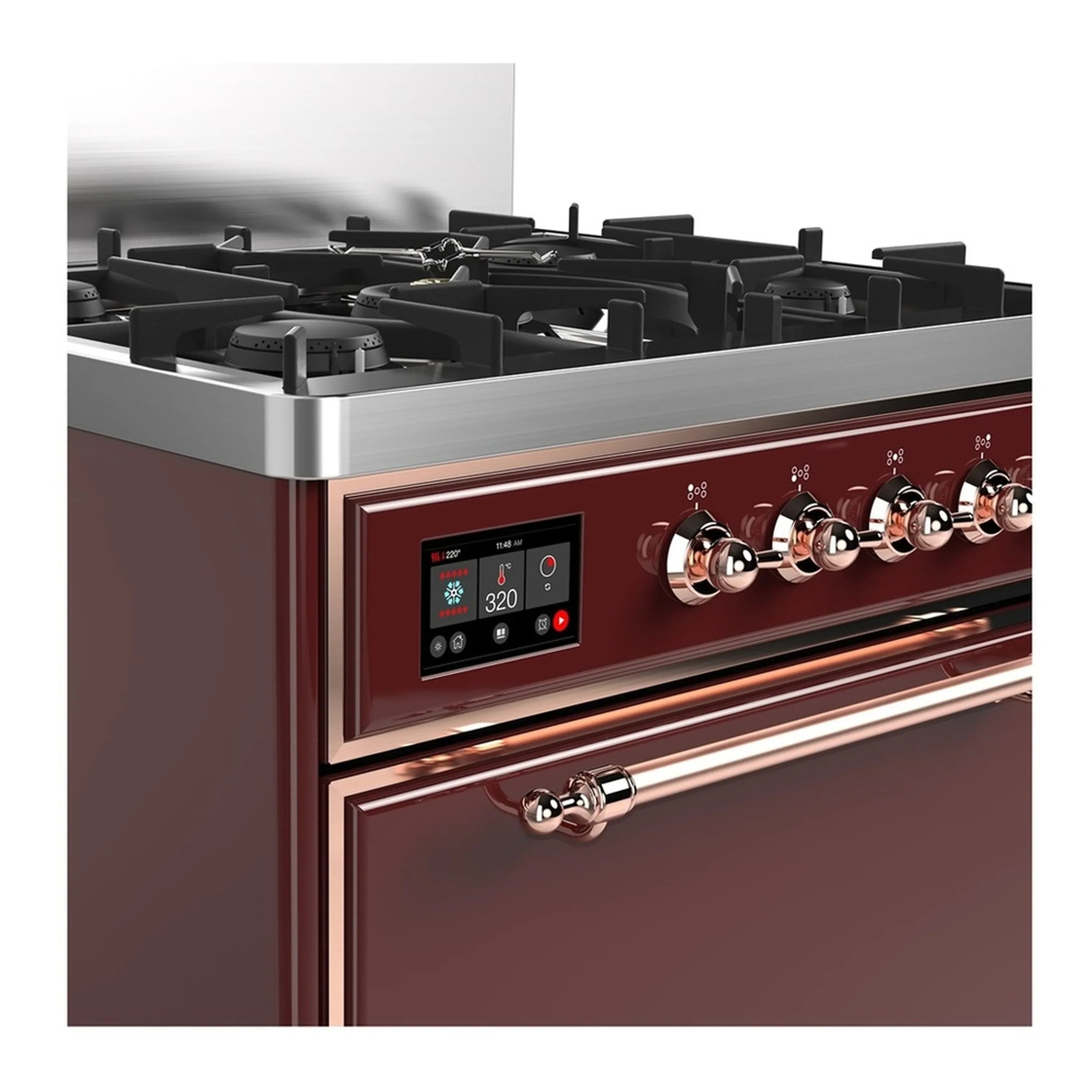 ILVE Majestic III 30-inch Dual Fuel Range with 5 Natural Gas Burner and Solid Door Electric Oven in Burgundy with Copper Trim (UM30QNR3BUP) - Image 5