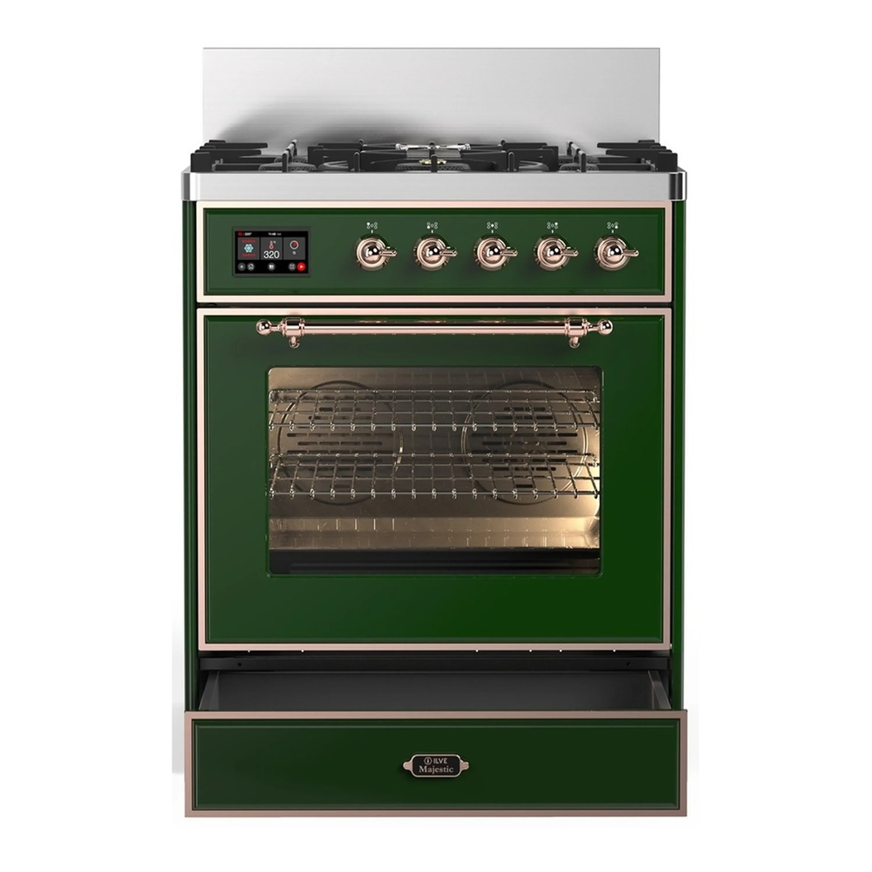 ILVE Majestic III 30-inch Dual Fuel Range with 5 Natural Gas Burner and Triple Glass Door Electric Oven in Emerald Green with Copper Trim (UM30NR3EGP) - Image 3