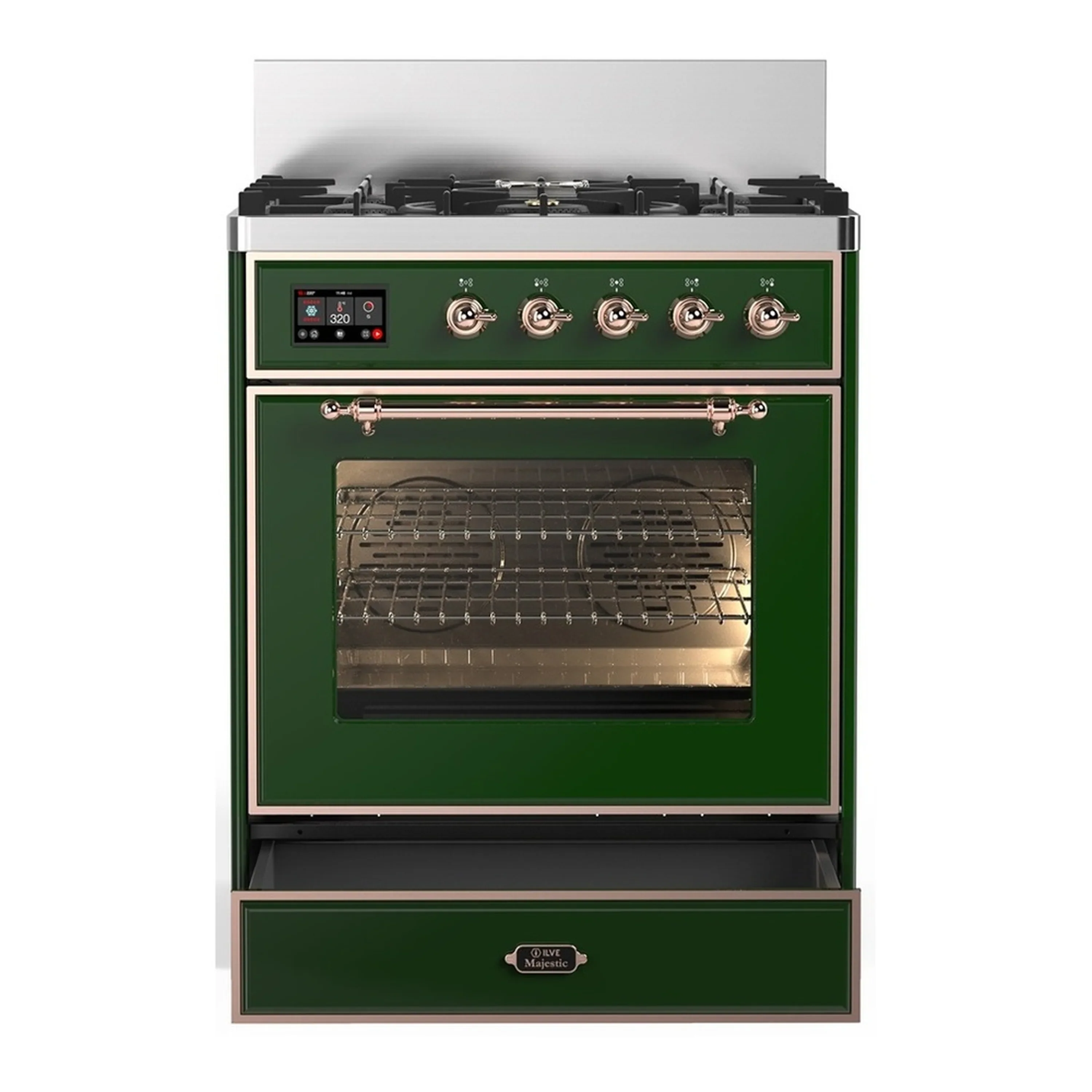 ILVE Majestic III 30-inch Dual Fuel Range with 5 Liquid Propane Burner and Triple Glass Door Electric Oven in Emerald Green with Copper Trim (UM30NR3EGPLP) - Image 3