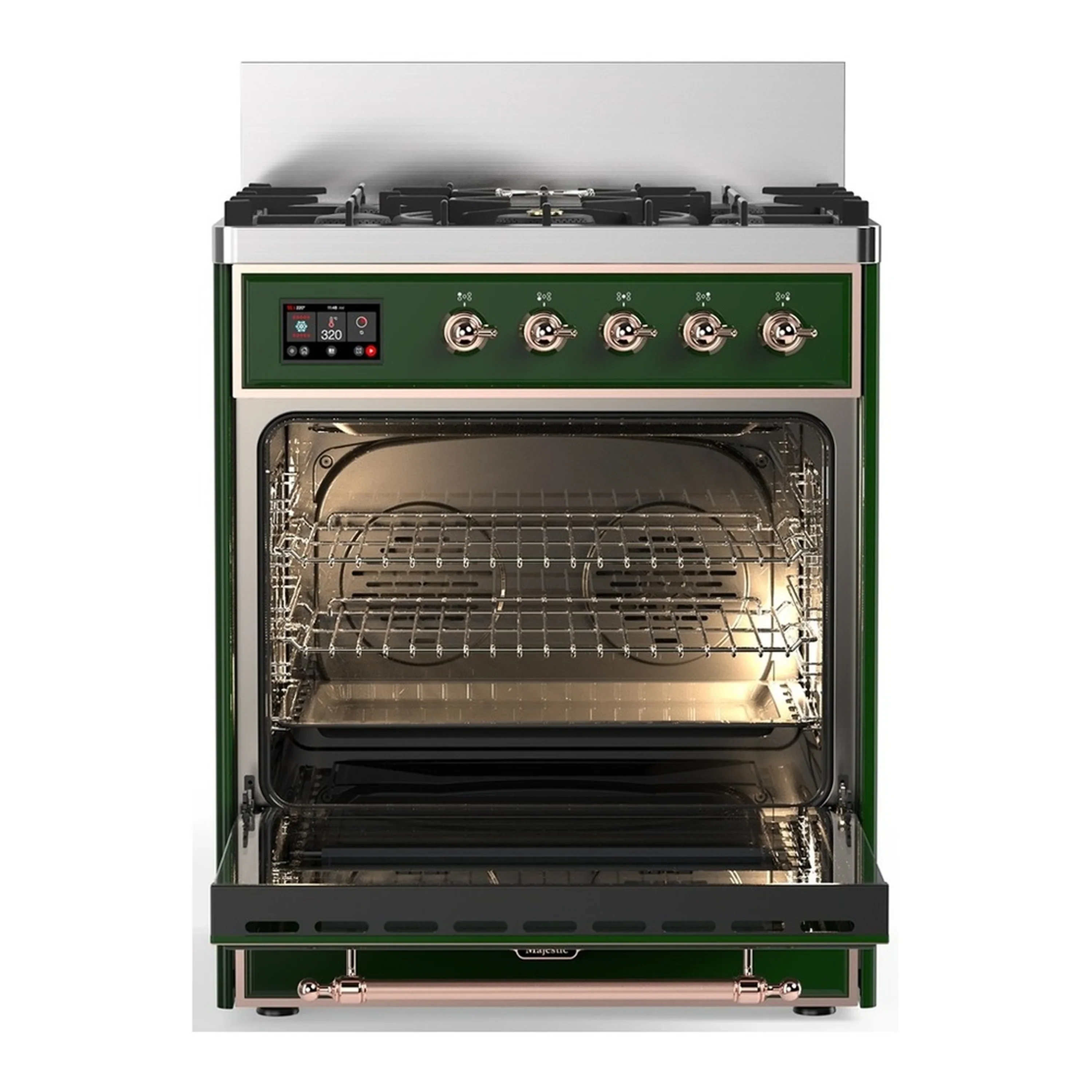 ILVE Majestic III 30-inch Dual Fuel Range with 5 Liquid Propane Burner and Triple Glass Door Electric Oven in Emerald Green with Copper Trim (UM30NR3EGPLP) - Image 4