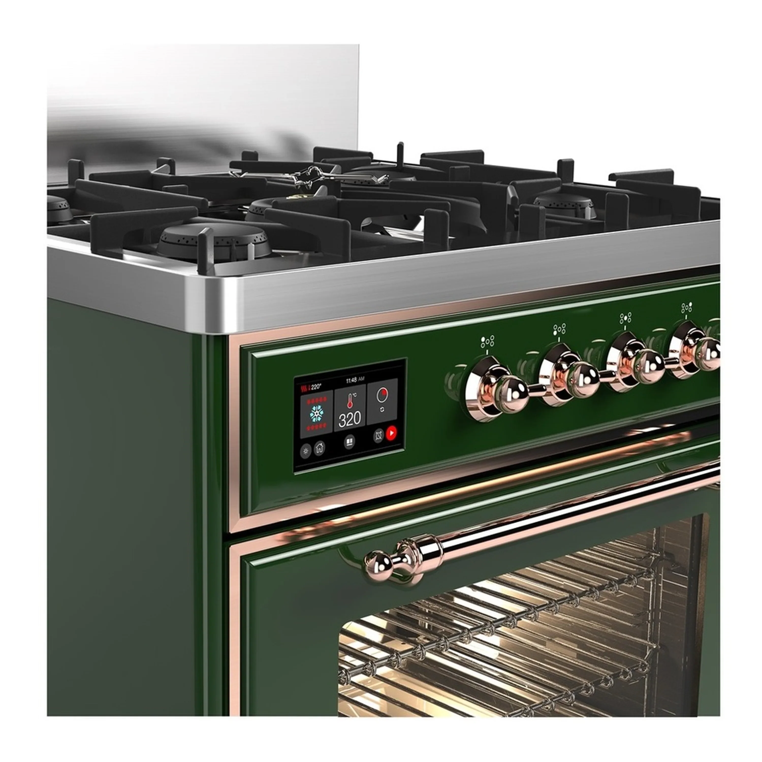 ILVE Majestic III 30-inch Dual Fuel Range with 5 Liquid Propane Burner and Triple Glass Door Electric Oven in Emerald Green with Copper Trim (UM30NR3EGPLP) - Image 5