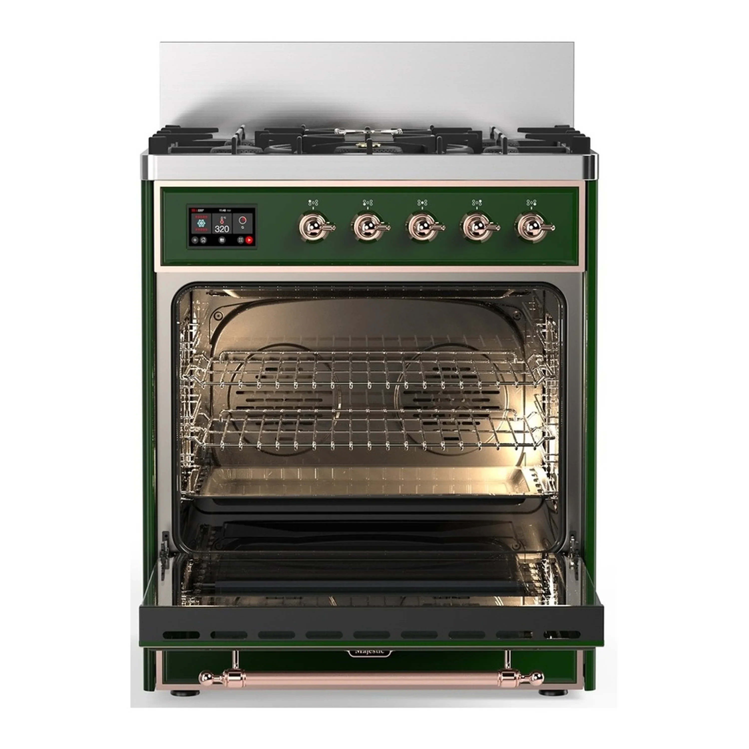 ILVE Majestic III 30-inch Dual Fuel Range with 5 Liquid Propane Burner and Solid Door Electric Oven in Emerald Green with Copper Trim (UM30QNR3EGPLP) - Image 3