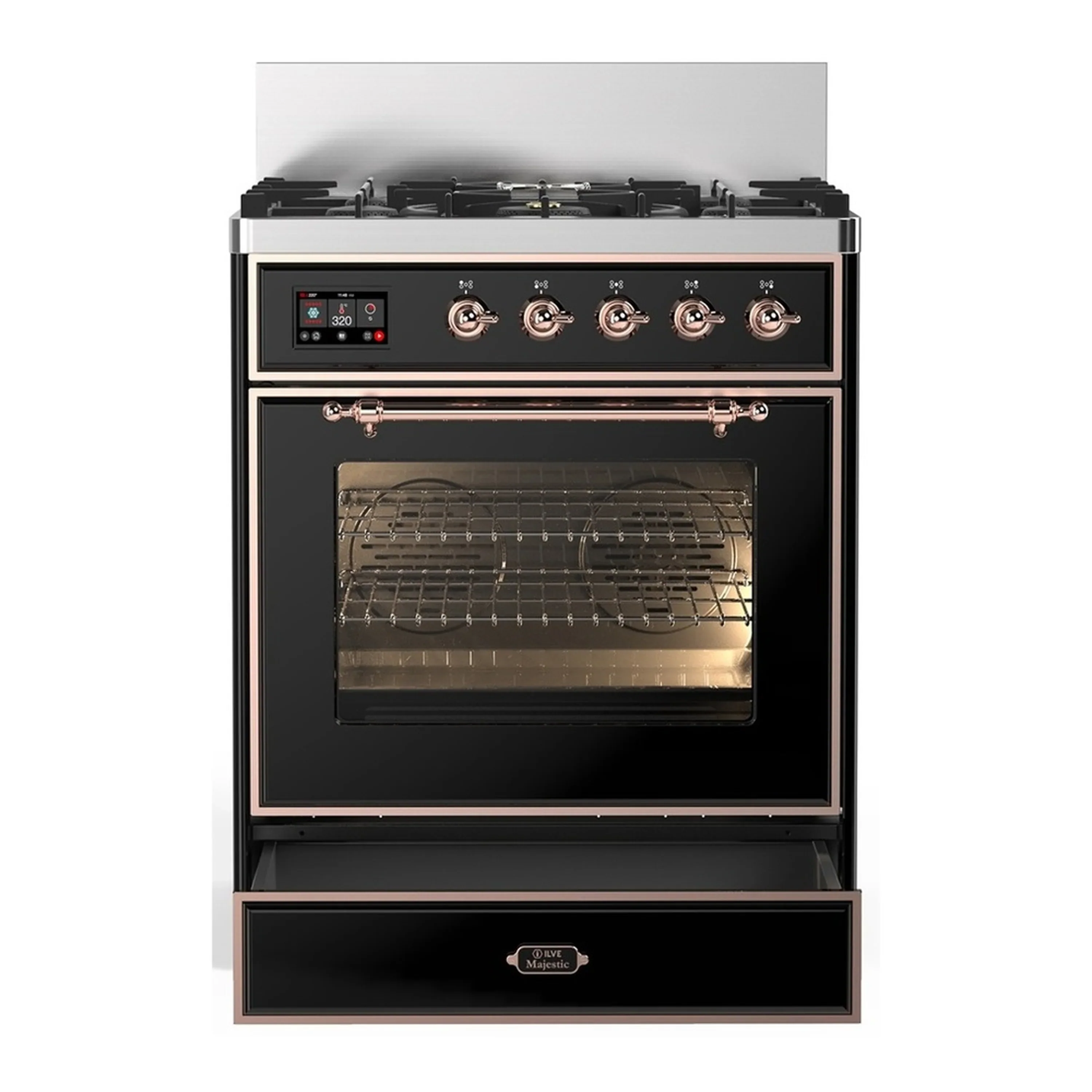 ILVE Majestic III 30-inch Dual Fuel Range with 5 Natural Gas Burner and Triple Glass Door Electric Oven in Glossy Black with Copper Trim (UM30NR3BKP) - Image 3
