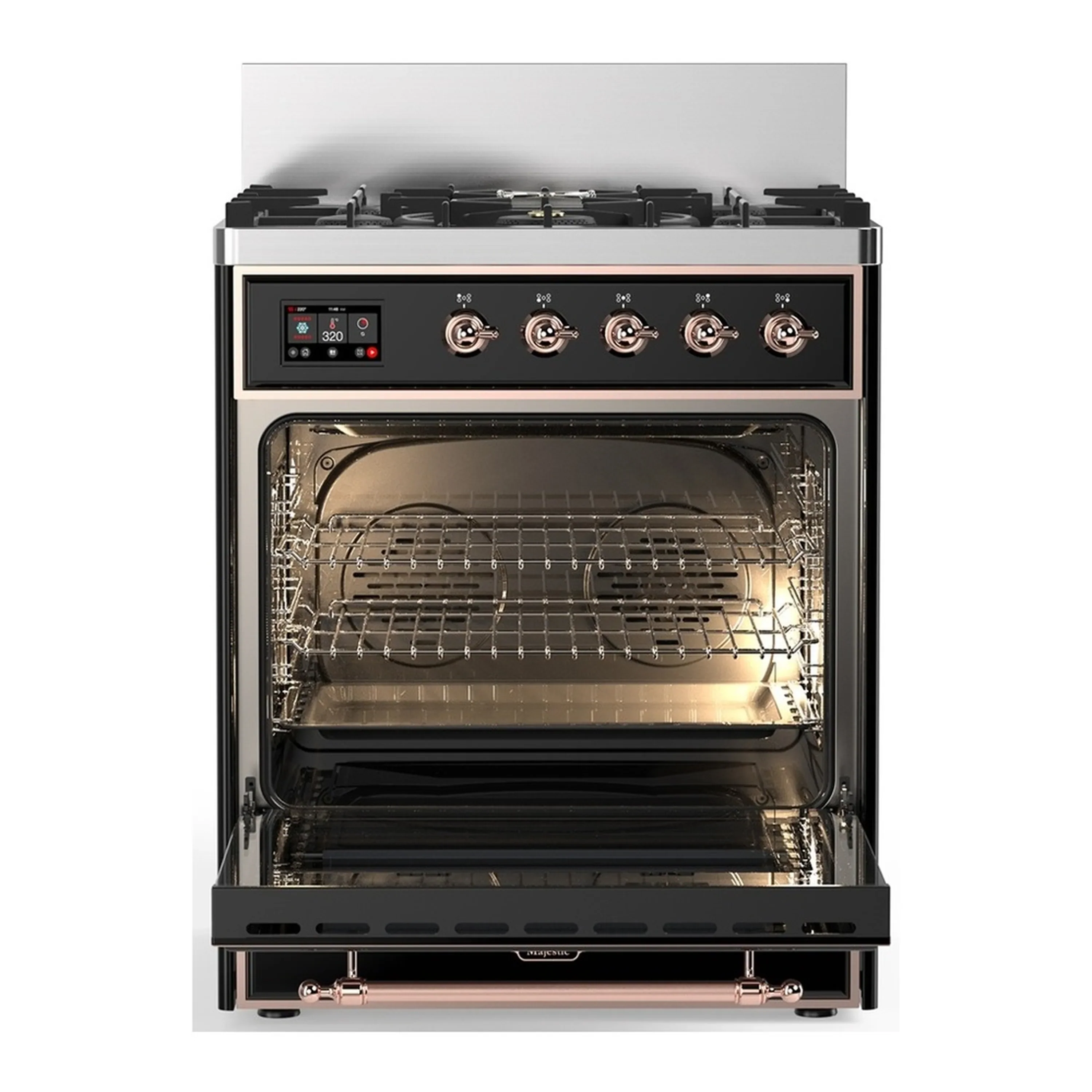 ILVE Majestic III 30-inch Dual Fuel Range with 5 Natural Gas Burner and Triple Glass Door Electric Oven in Glossy Black with Copper Trim (UM30NR3BKP) - Image 4