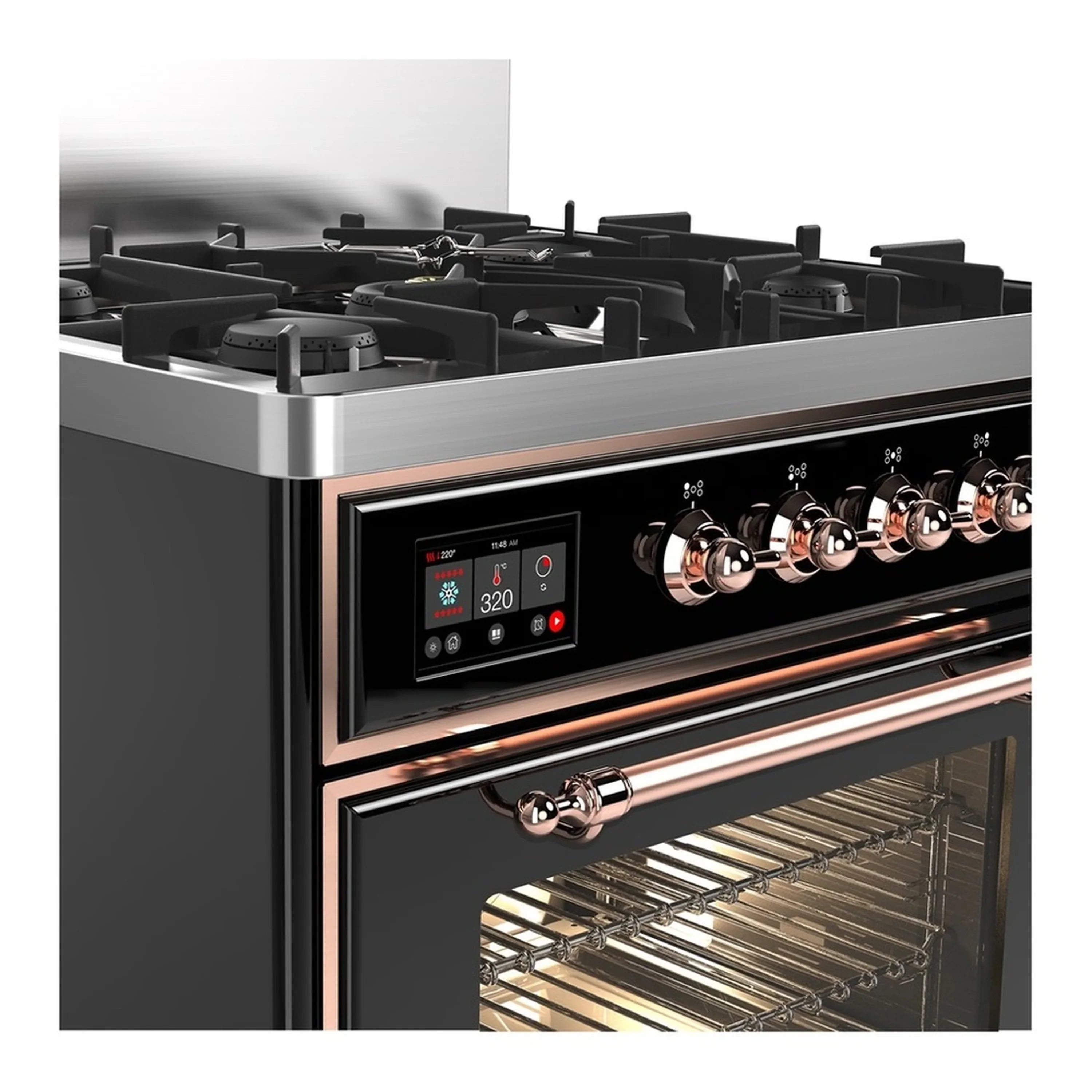 ILVE Majestic III 30-inch Dual Fuel Range with 5 Natural Gas Burner and Triple Glass Door Electric Oven in Glossy Black with Copper Trim (UM30NR3BKP) - Image 5