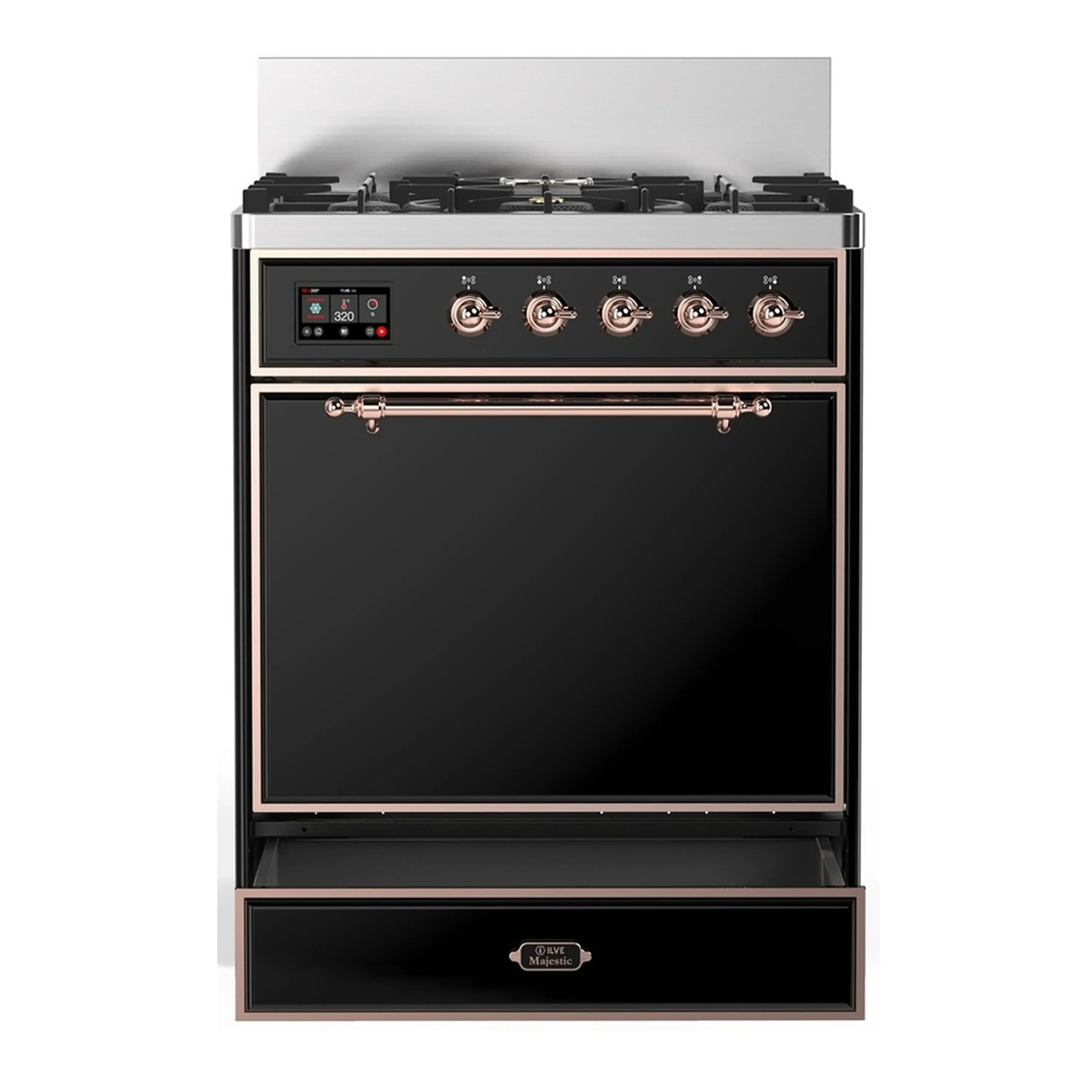 ILVE Majestic III 30-inch Dual Fuel Range with 5 Natural Gas Burner and Solid Door Electric Oven in Glossy Black with Copper Trim (UM30QNR3BKP) - Image 3