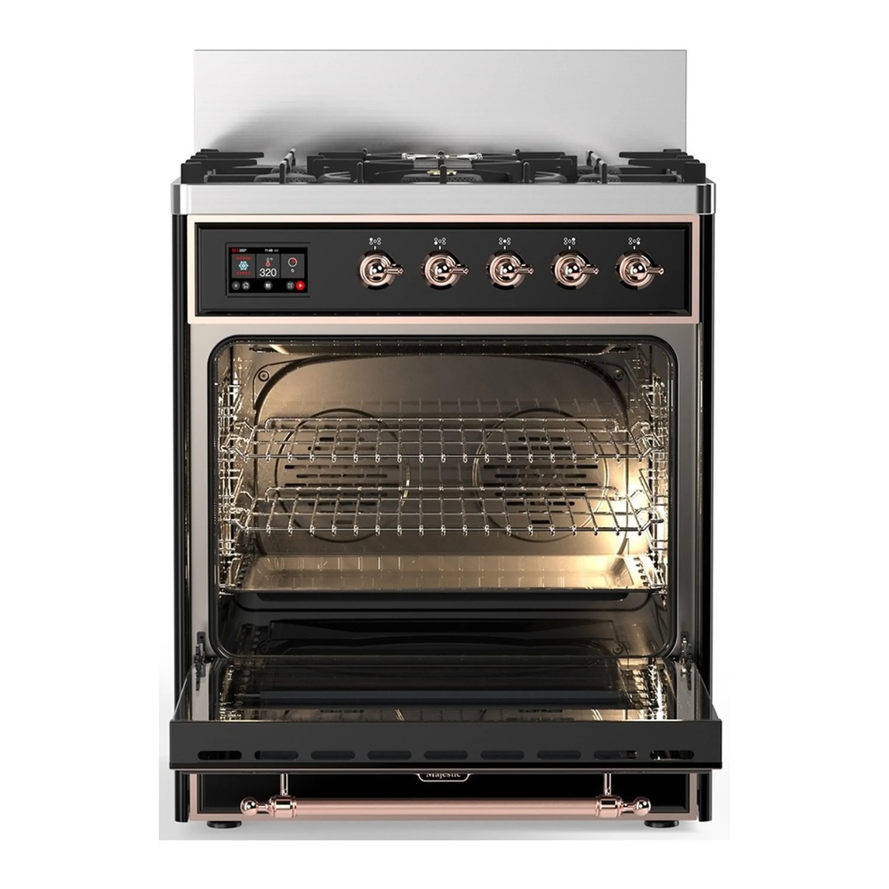 ILVE Majestic III 30-inch Dual Fuel Range with 5 Natural Gas Burner and Solid Door Electric Oven in Glossy Black with Copper Trim (UM30QNR3BKP) - Image 4