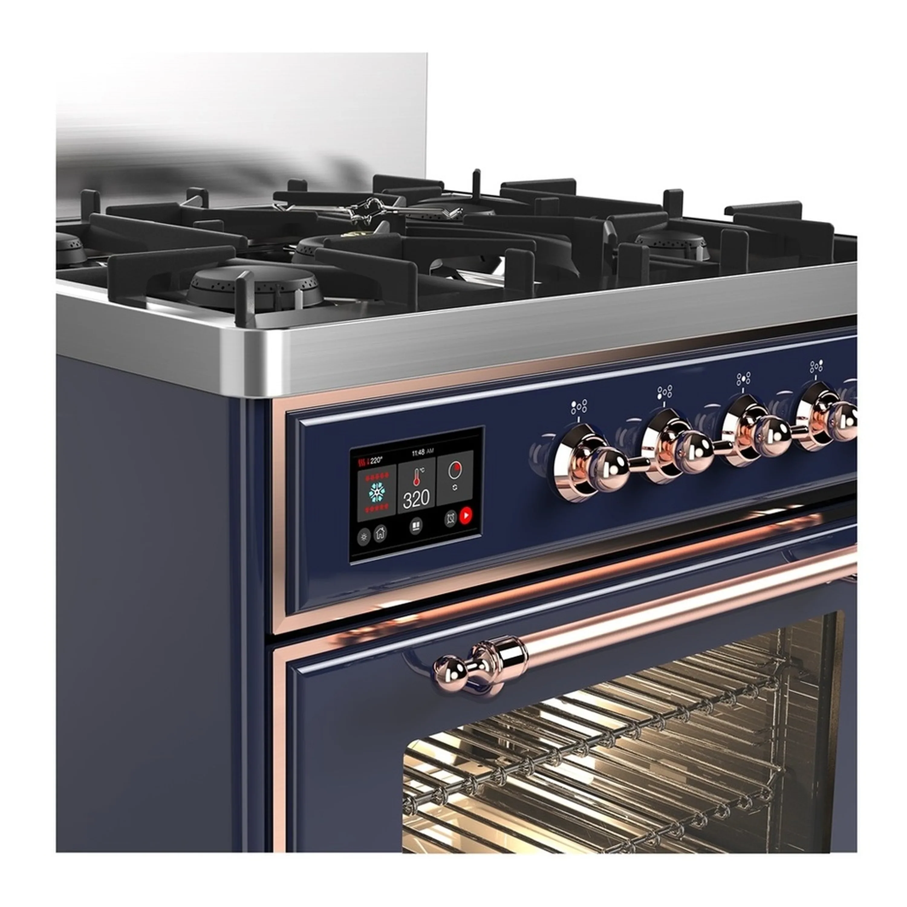 ILVE Majestic III 30-inch Dual Fuel Range with 5 Natural Gas Burner and Triple Glass Door Electric Oven in Midnight Blue with Copper Trim (UM30NR3MBP) - Image 5