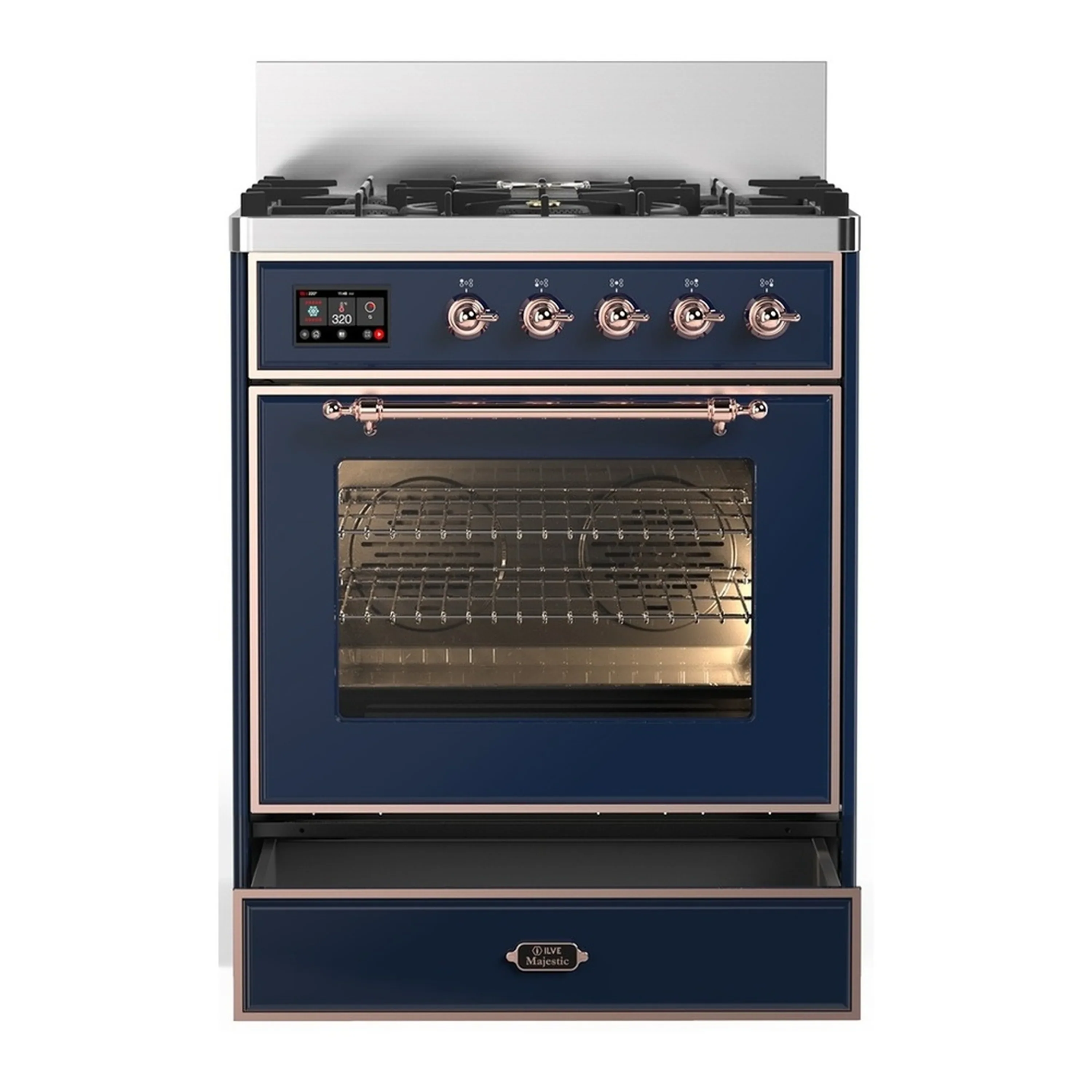 ILVE Majestic III 30-inch Dual Fuel Range with 5 Liquid Propane Burner and Triple Glass Door Electric Oven in Midnight Blue with Copper Trim (UM30NR3MBPLP) - Image 3