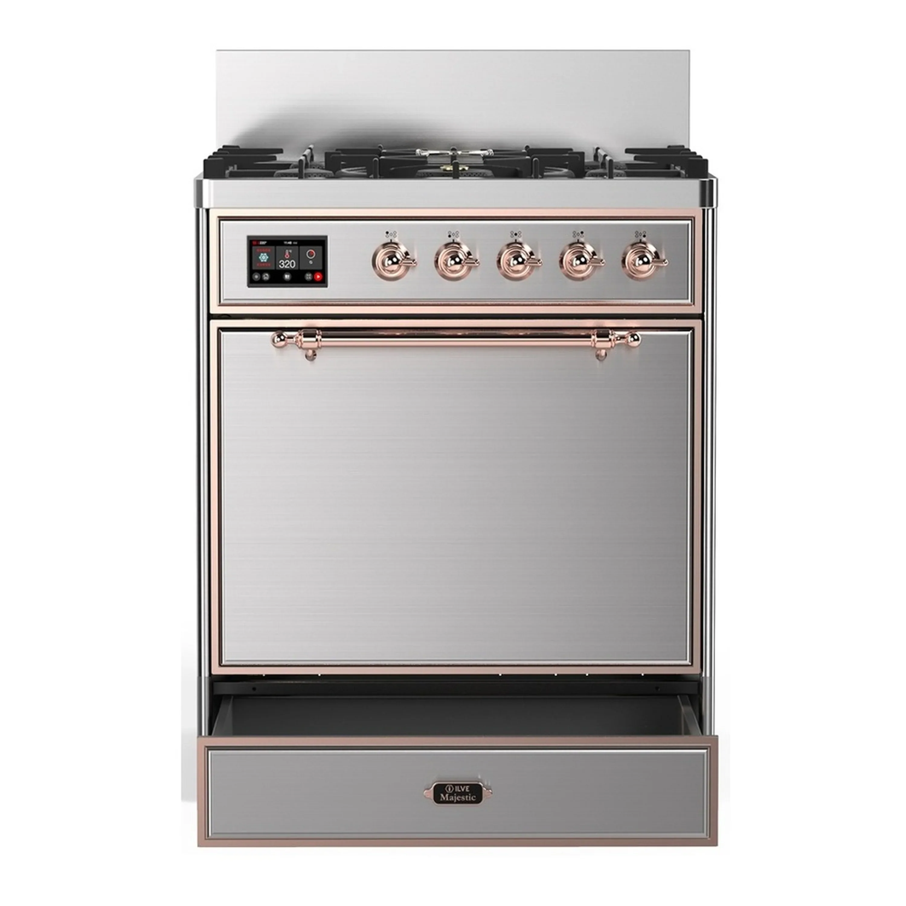 ILVE Majestic III 30-inch Dual Fuel Range with 5 Liquid Propane Burner and Solid Door Electric Oven in Stainless Steel with Copper Trim (UM30QNR3SSPLP) - Image 3