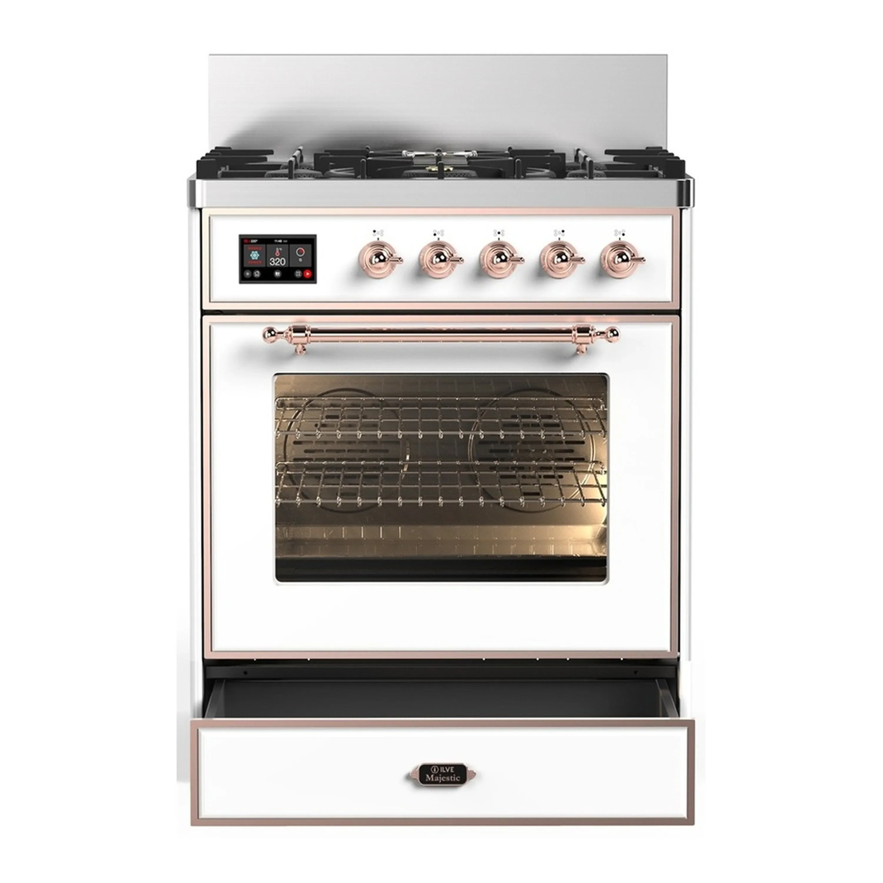ILVE Majestic III 30-inch Dual Fuel Range with 5 Liquid Propane Burner and Triple Glass Door Electric Oven in White with Copper Trim (UM30NR3WHPLP) - Image 3