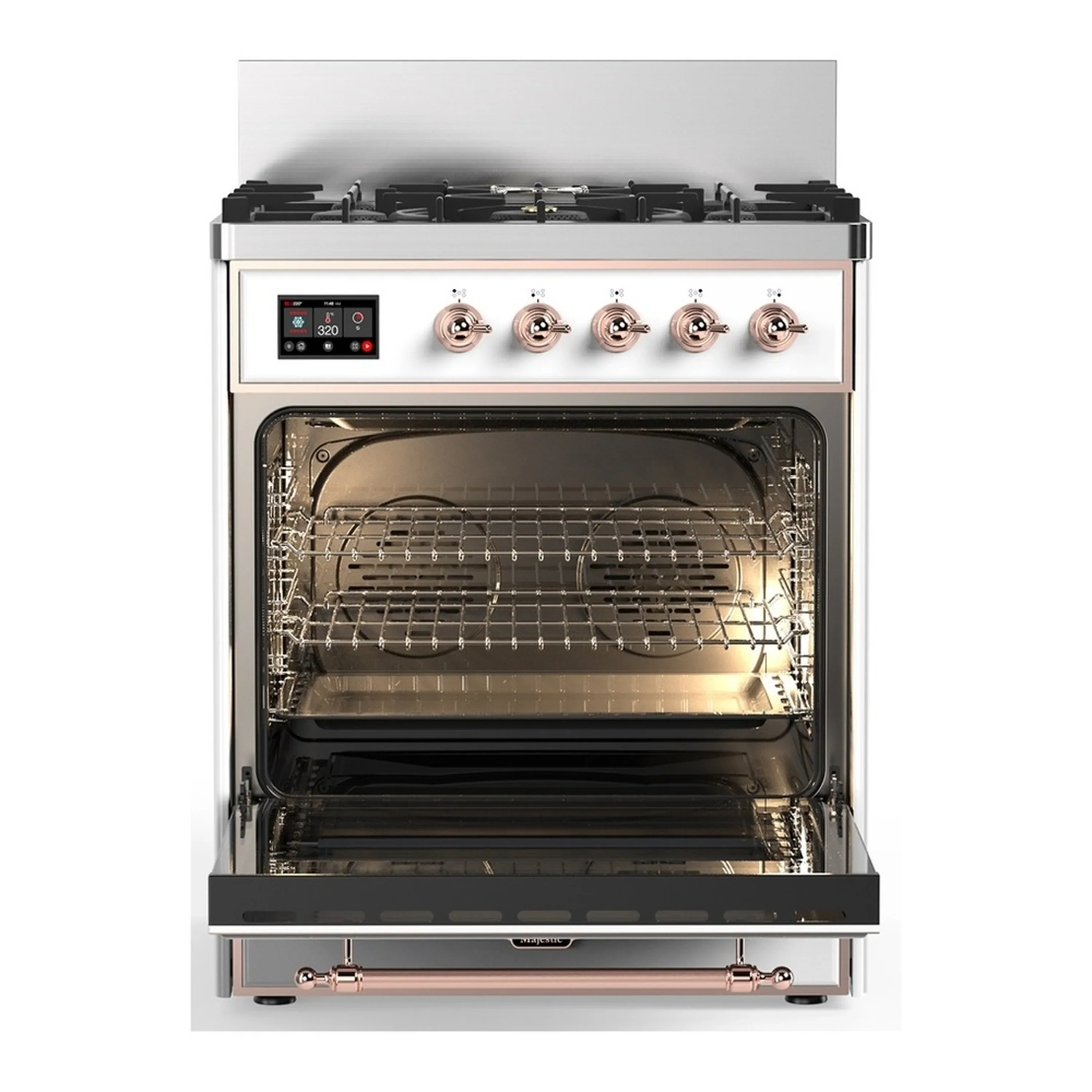 ILVE Majestic III 30-inch Dual Fuel Range with 5 Liquid Propane Burner and Triple Glass Door Electric Oven in White with Copper Trim (UM30NR3WHPLP) - Image 4