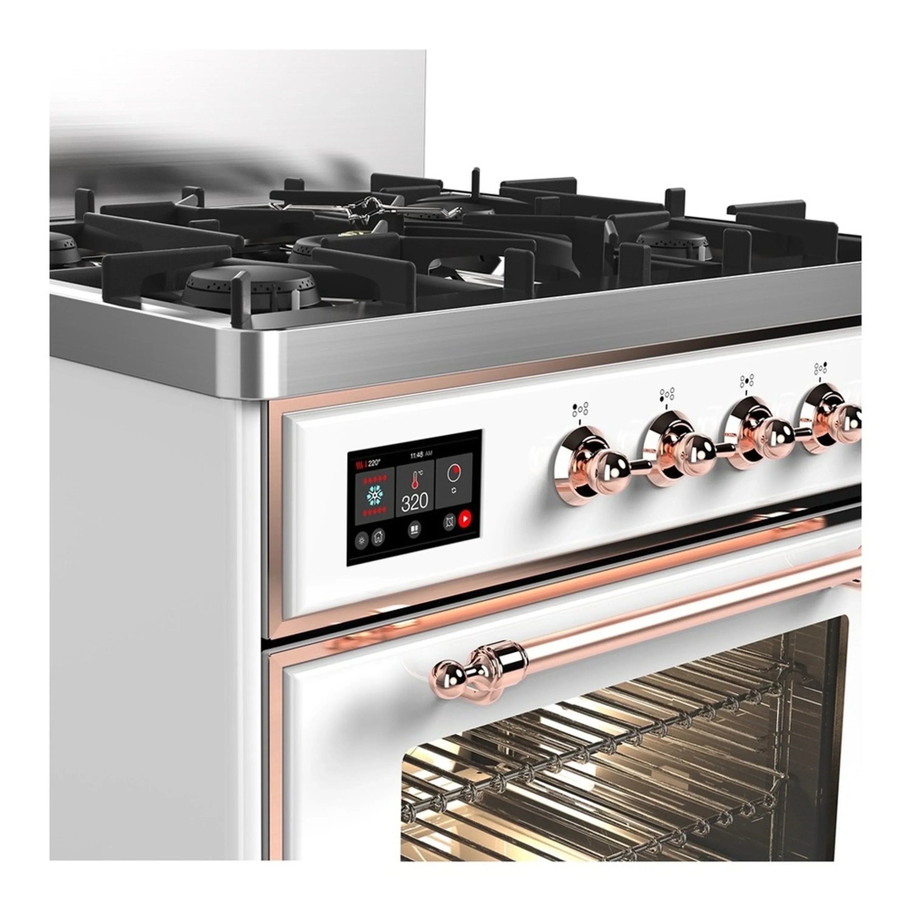 ILVE Majestic III 30-inch Dual Fuel Range with 5 Liquid Propane Burner and Triple Glass Door Electric Oven in White with Copper Trim (UM30NR3WHPLP) - Image 5
