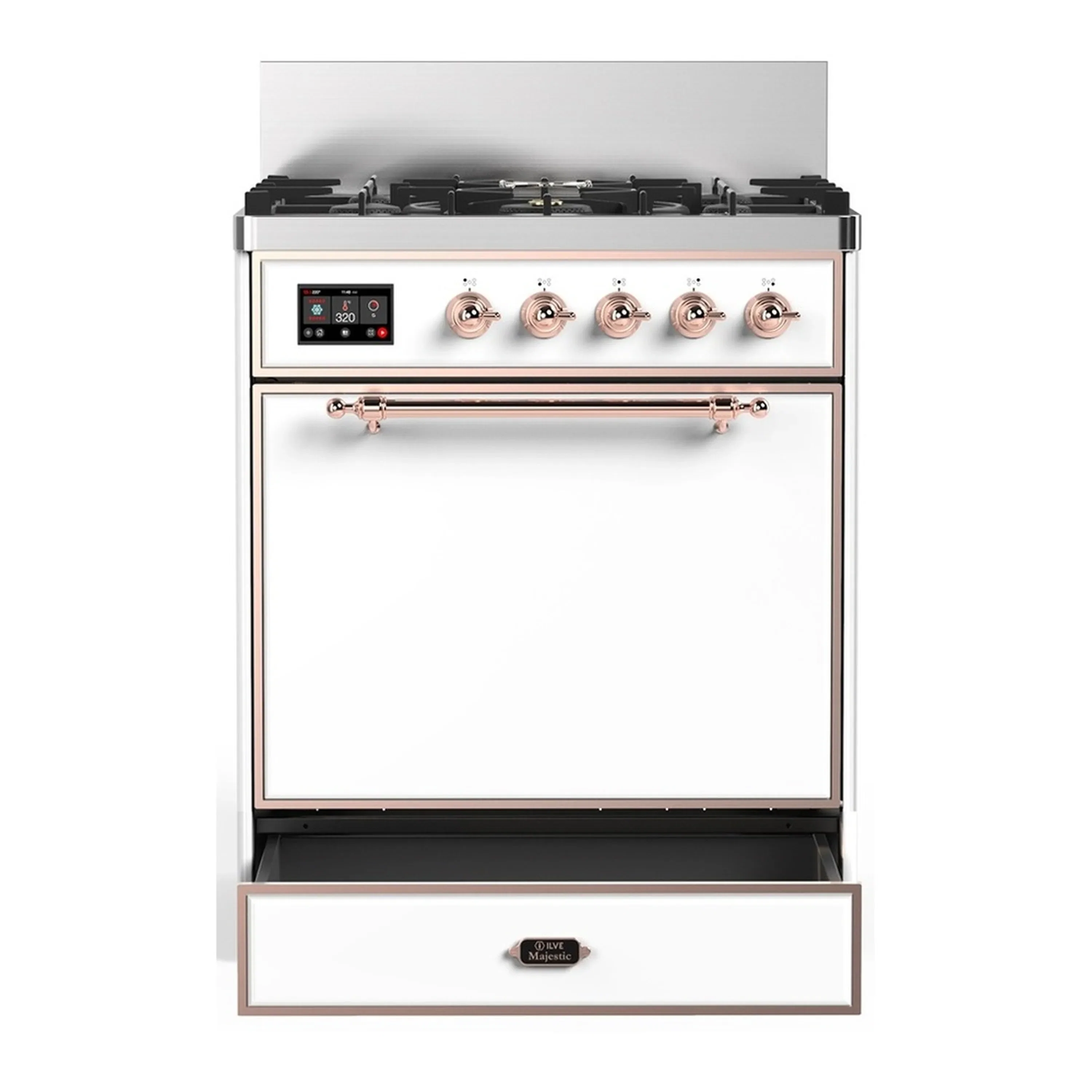ILVE Majestic III 30-inch Dual Fuel Range with 5 Natural Gas Burner and Solid Door Electric Oven in White with Copper Trim (UM30QNR3WHP) - Image 3