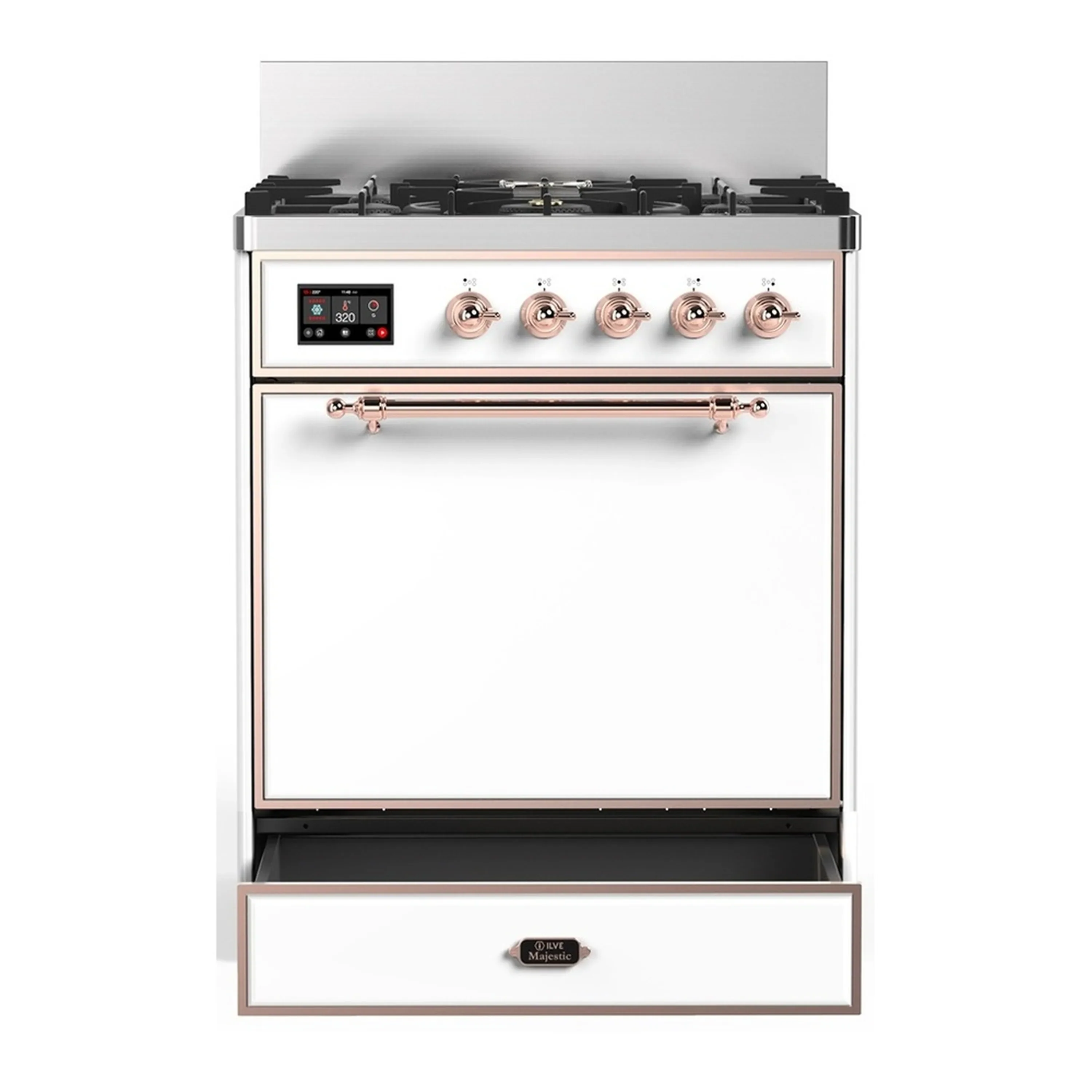 ILVE Majestic III 30-inch Dual Fuel Range with 5 Liquid Propane Burner and Solid Door Electric Oven in White with Copper Trim (UM30QNR3WHPLP) - Image 3
