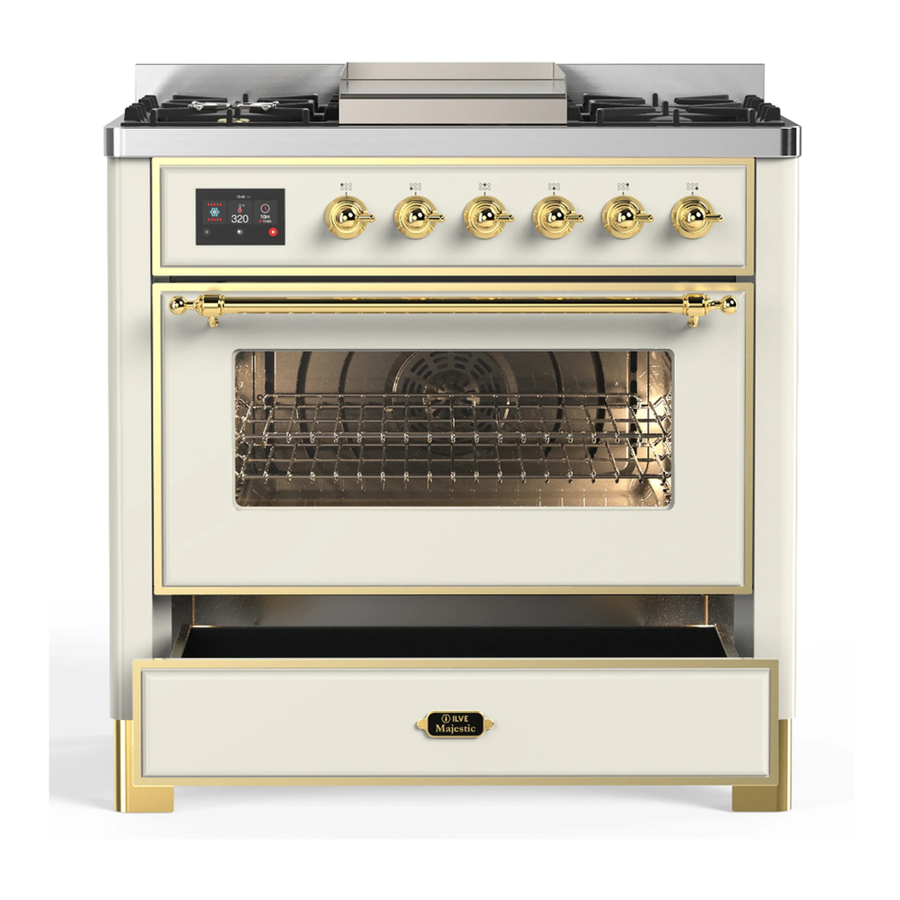 ILVE Majestic III 36-inch Dual Fuel Range with 6 Natural Gas Burner, Griddle and Triple Glass Door Electric Oven in Antique White with Brass Trim (UM36FNR3AWG) - Image 3
